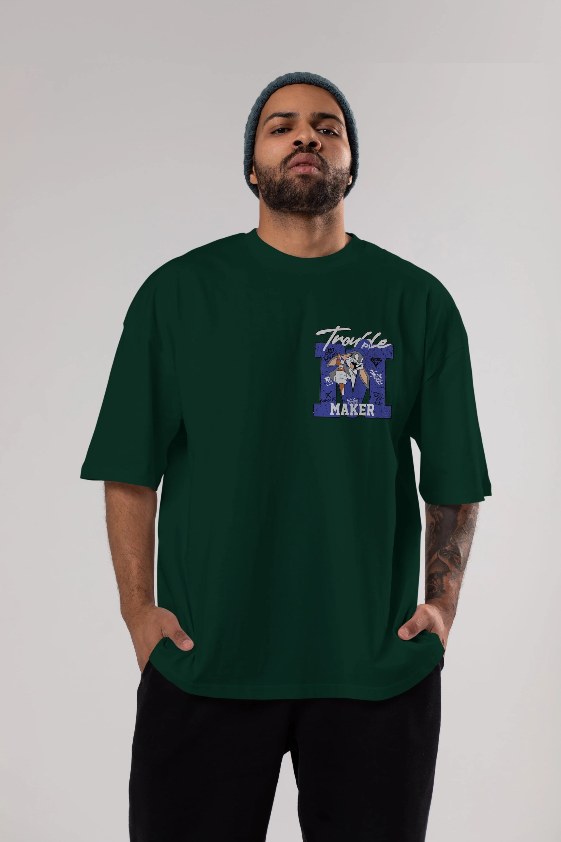 Bugs Bunny Ön Sol Baskılı Oversize t-shirt Erkek Kadın Unisex %100 Pamuk Bisiklet Yaka tişort