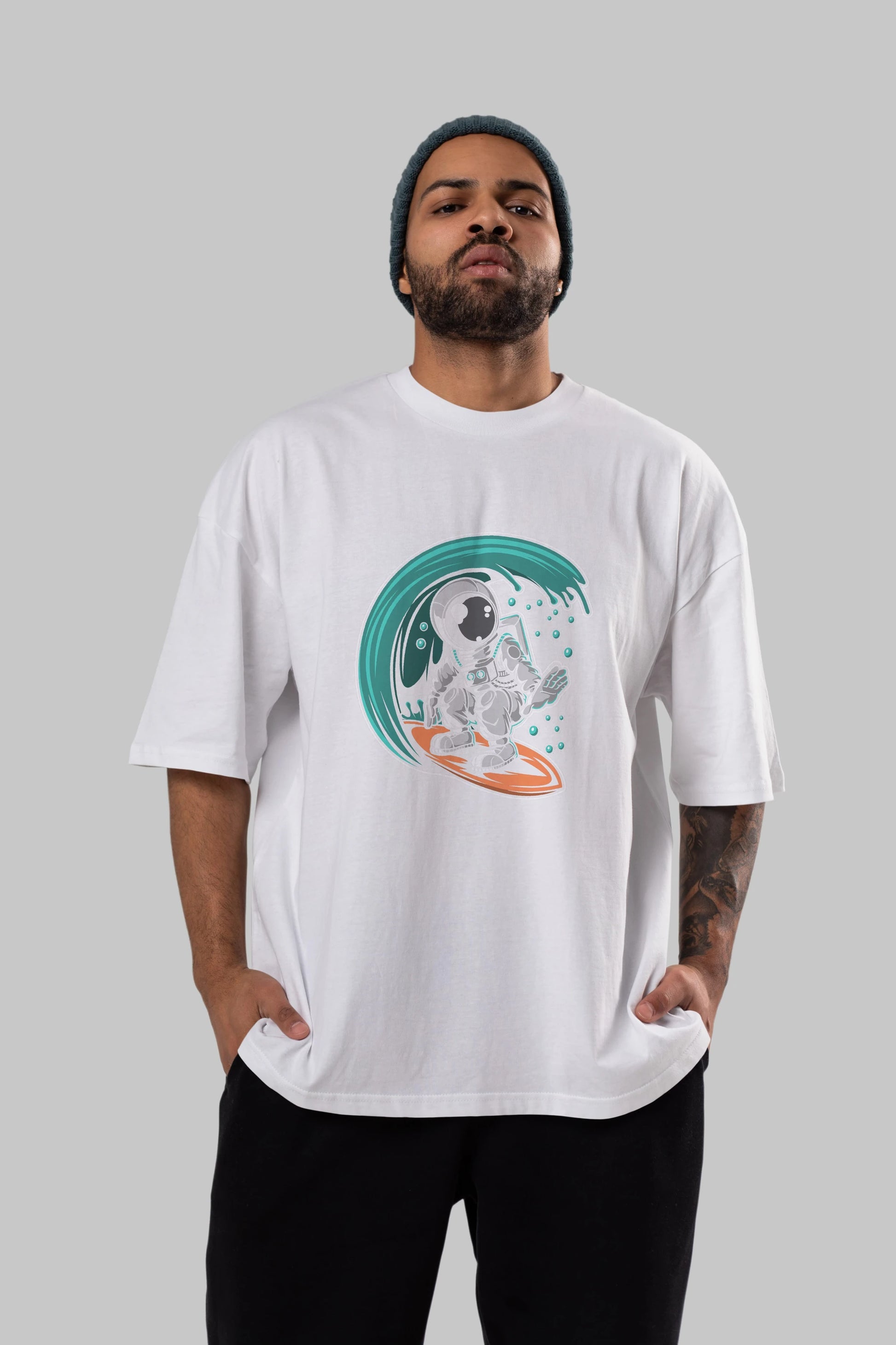 Astronaut Surfing Ön Baskılı Oversize t-shirt Erkek Kadın Unisex