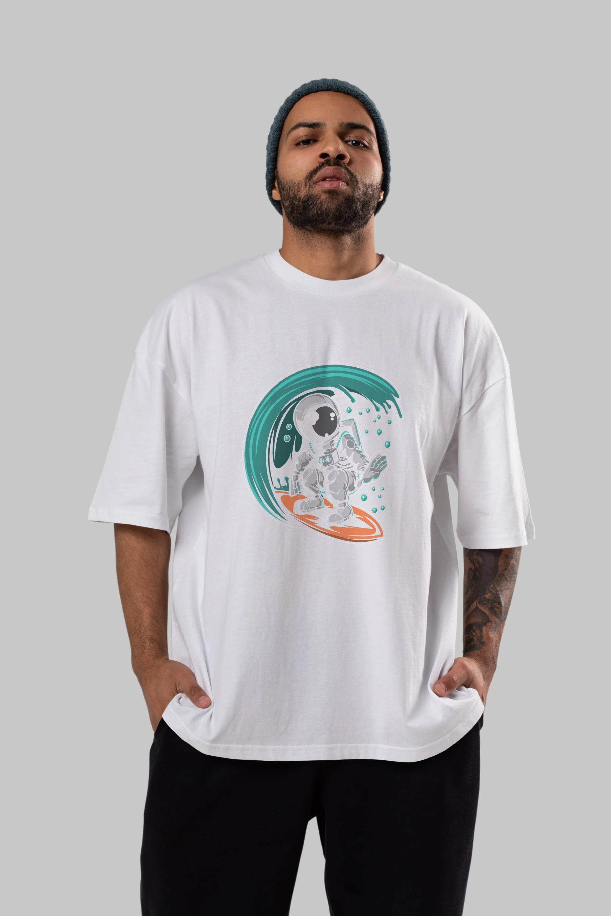 Astronaut Surfing Ön Baskılı Oversize t-shirt Erkek Kadın Unisex