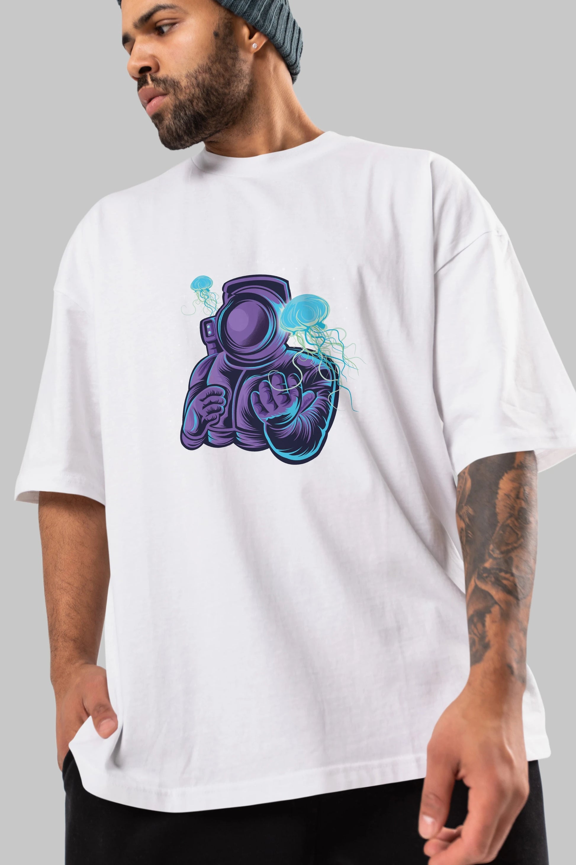 Astronaut and Jellyfish Ön Baskılı Oversize t-shirt Erkek Kadın Unisex