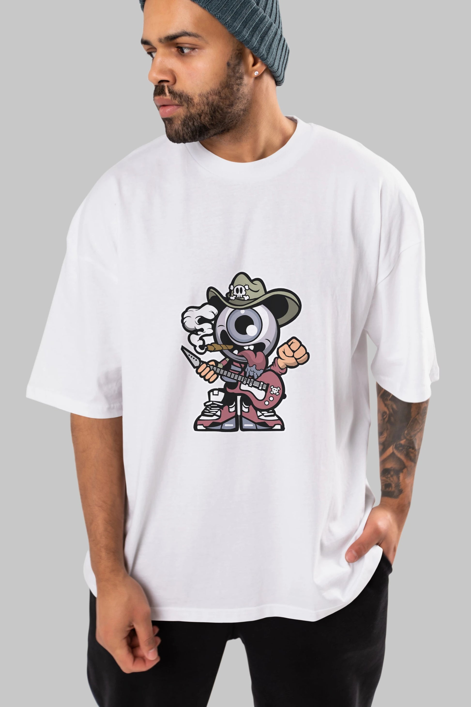 Eyeball Rockstar Cowboy Ön Baskılı Oversize t-shirt Erkek Kadın Unisex %100 Pamuk tişort