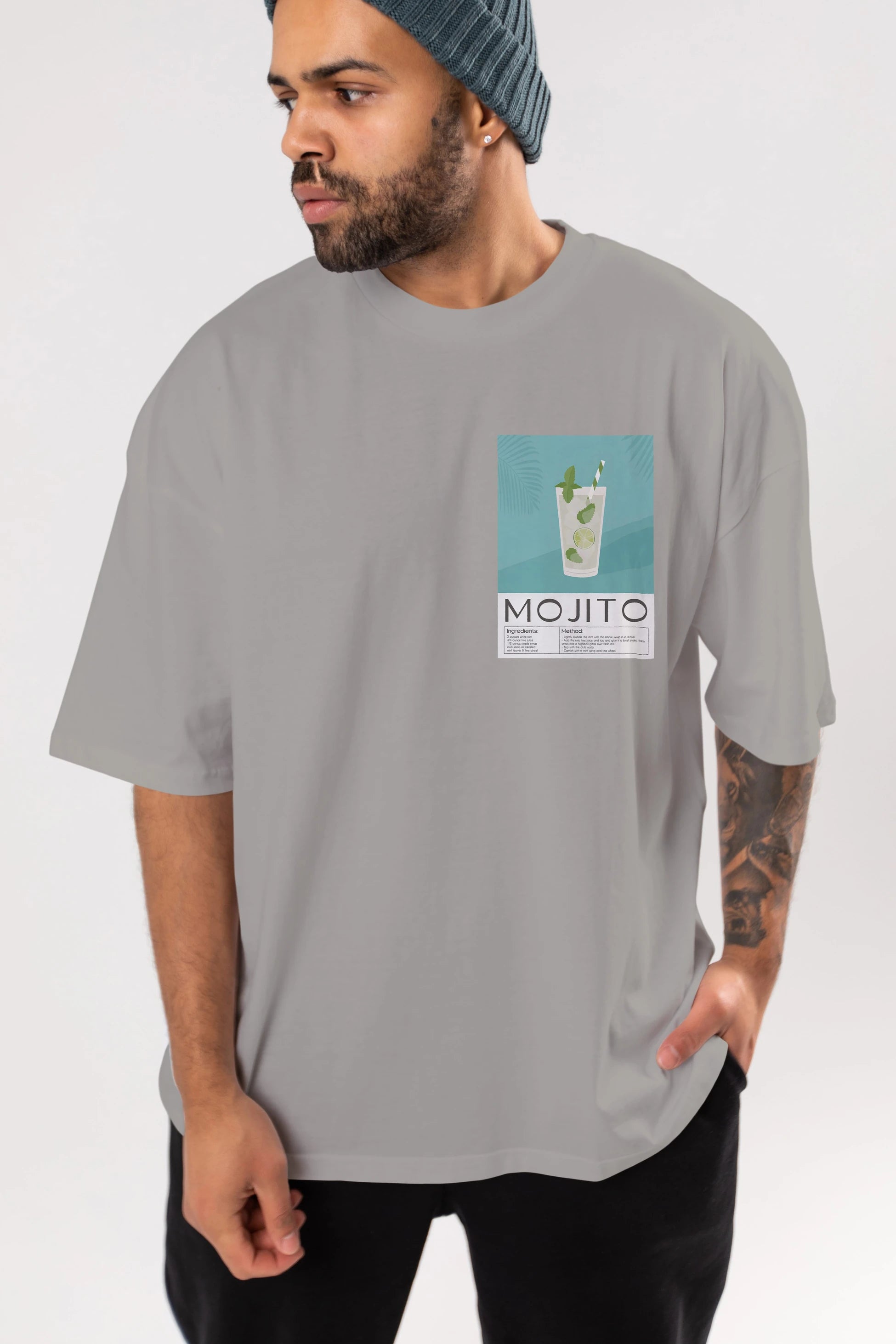 Mojito 4 Ön Sol Baskılı Oversize t-shirt Erkek Kadın Unisex %100 Pamuk Bisiklet Yaka tişort