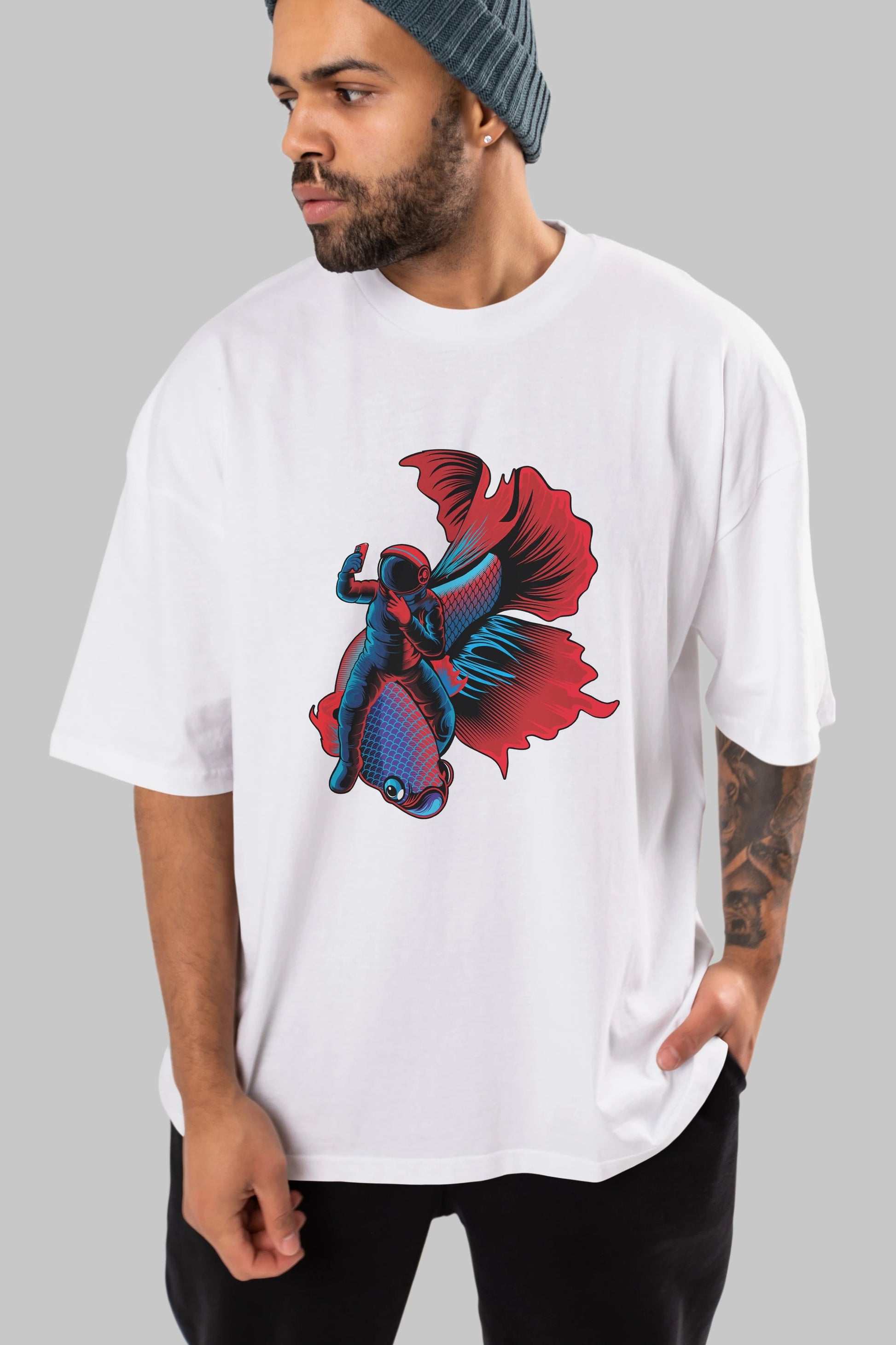 Astrofish selfie Ön Baskılı Oversize t-shirt Erkek Kadın Unisex