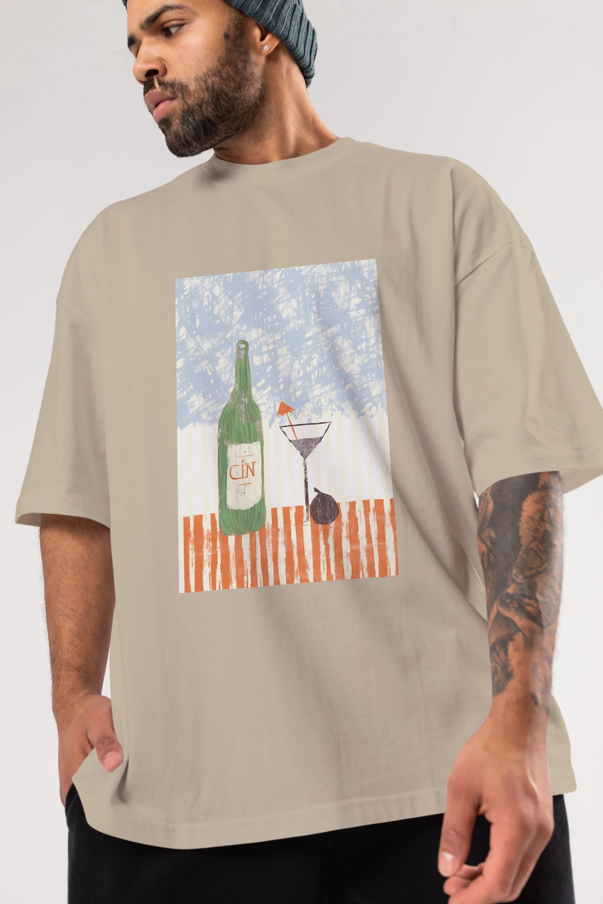Gin Ön Baskılı Oversize t-shirt Erkek Kadın Unisex %100 Pamuk Bisiklet Yaka tişort