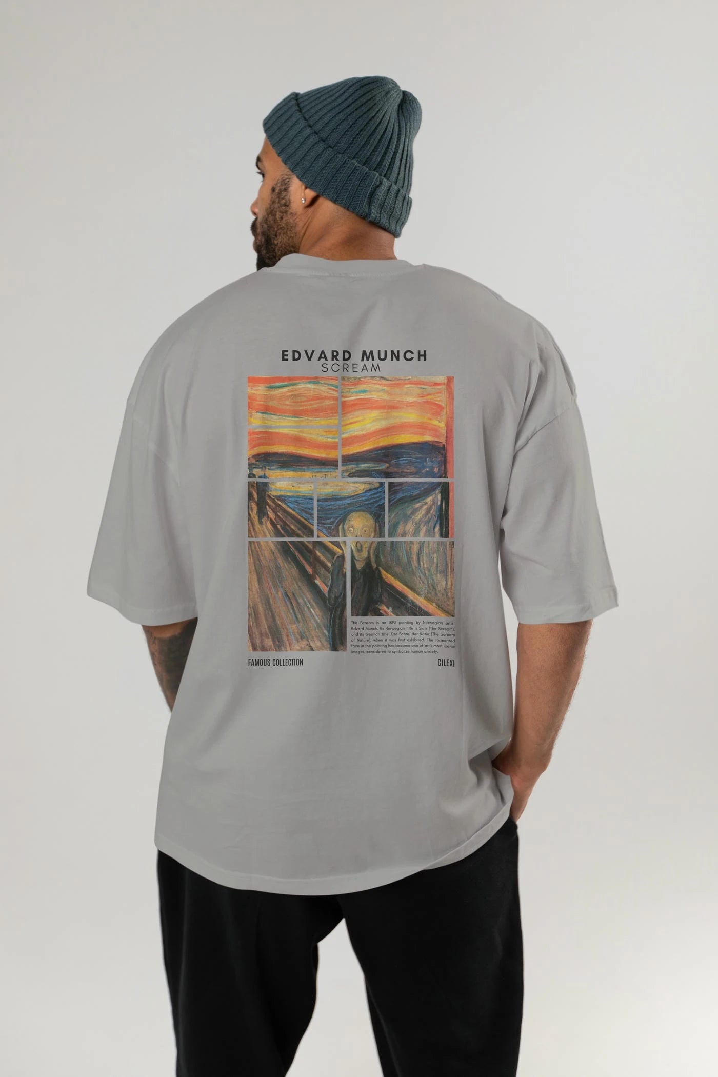 Edvard Munch Scream Arka Baskılı Oversize t-shirt Erkek Kadın Bisiklet Yaka Pamuk tişort