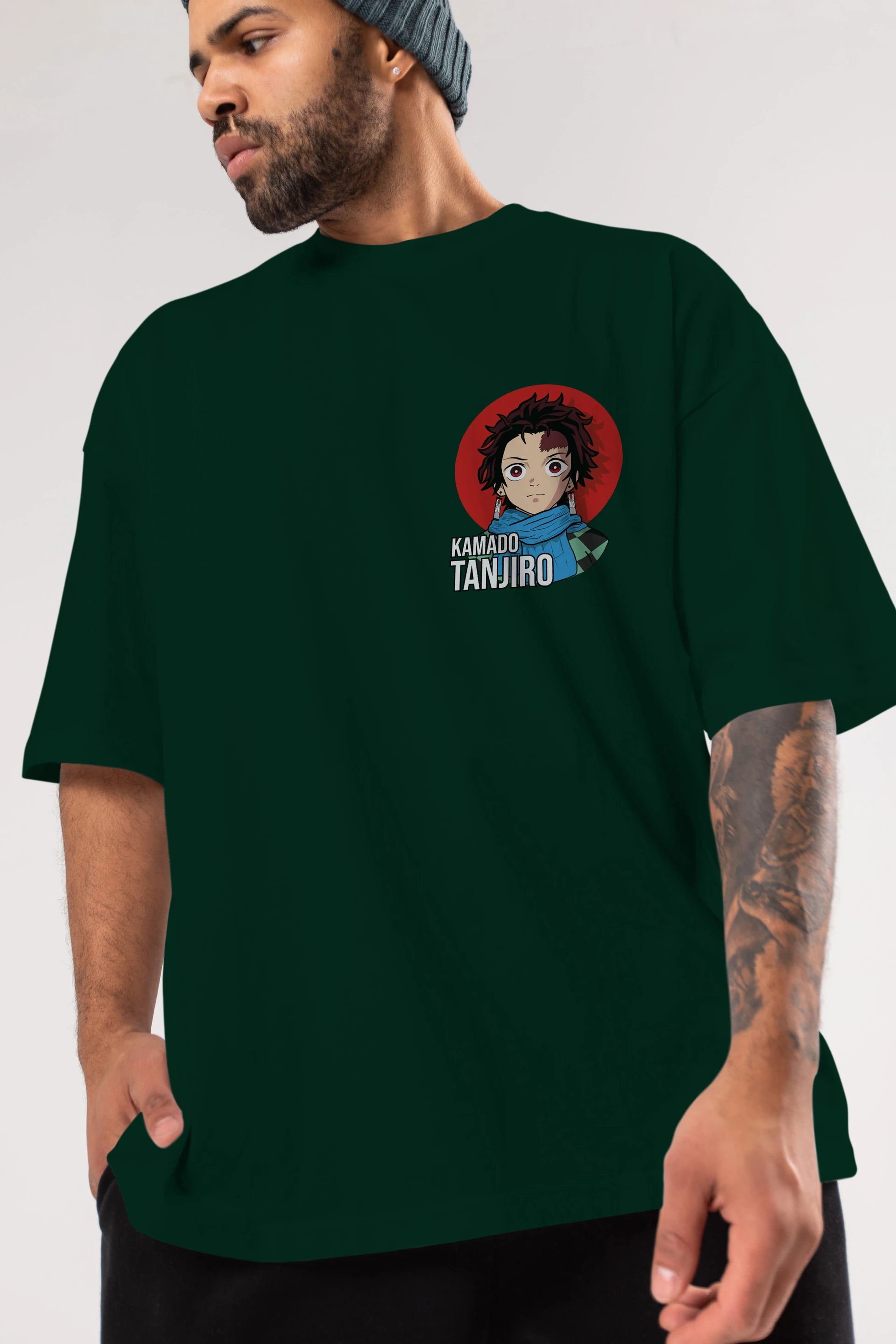 TANJIRO KAMADO Ön Sol Baskılı Oversize t-shirt Erkek Kadın Unisex %100 Pamuk Bisiklet Yaka tişort