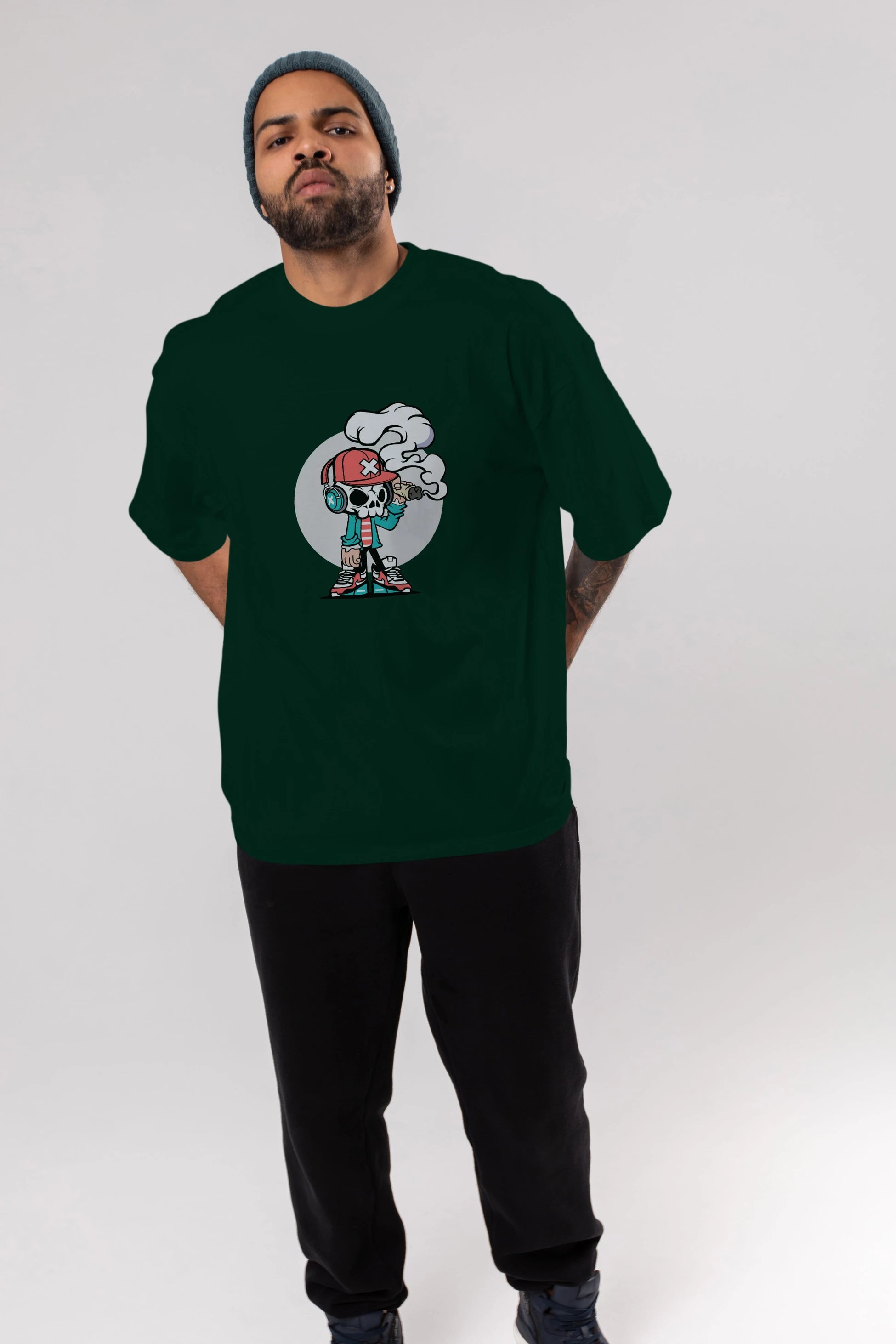 Skull Headphone Ön Baskılı Oversize t-shirt Erkek Kadın Unisex %100 Pamuk tişort