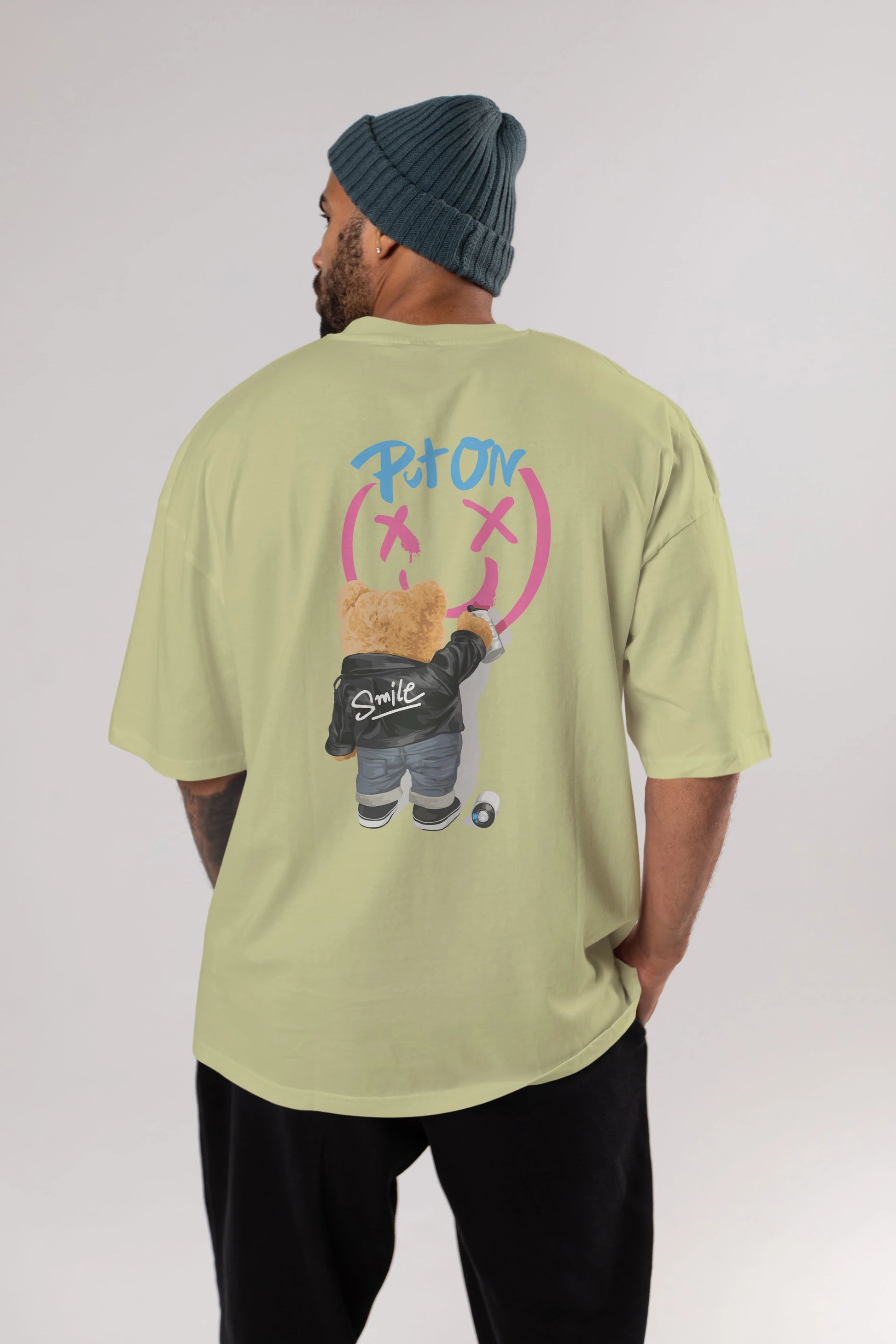 Put on Smile Bear Arka Baskılı Oversize t-shirt Erkek Kadın Unisex
