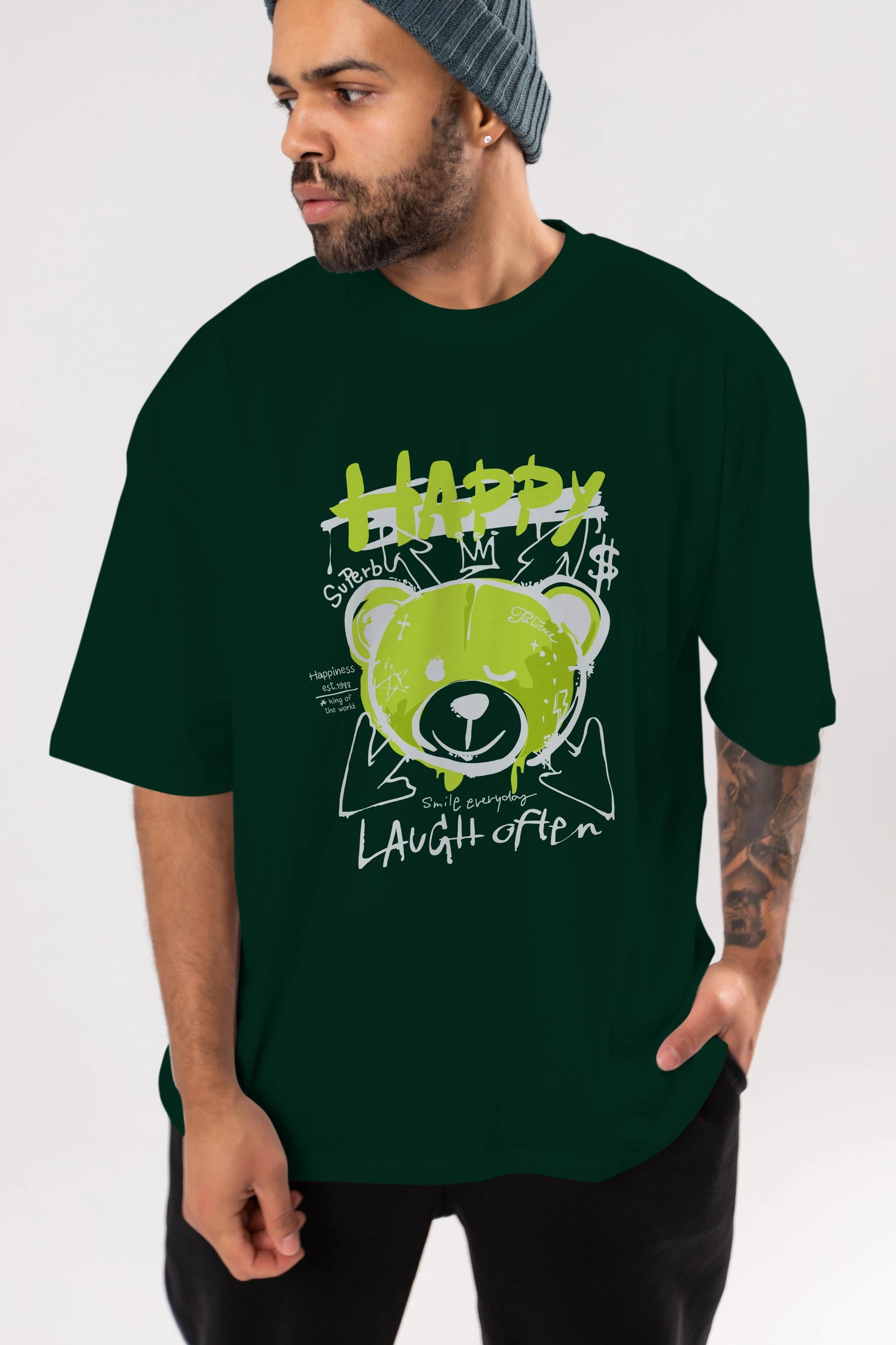 Happy Bear Ön Baskılı Oversize t-shirt Erkek Kadın Unisex