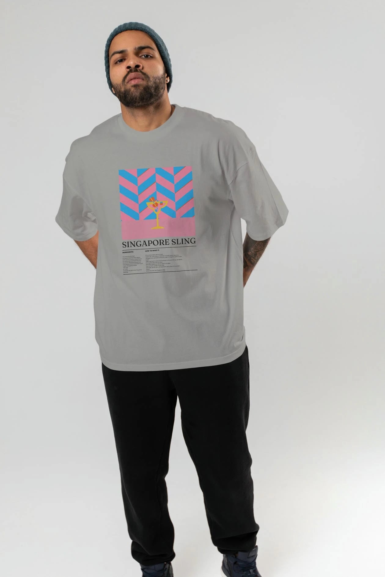 Sıngapore Sling Kokteyl Ön Baskılı Oversize t-shirt Erkek Kadın %100 Pamuk Bisiklet Yaka tişort