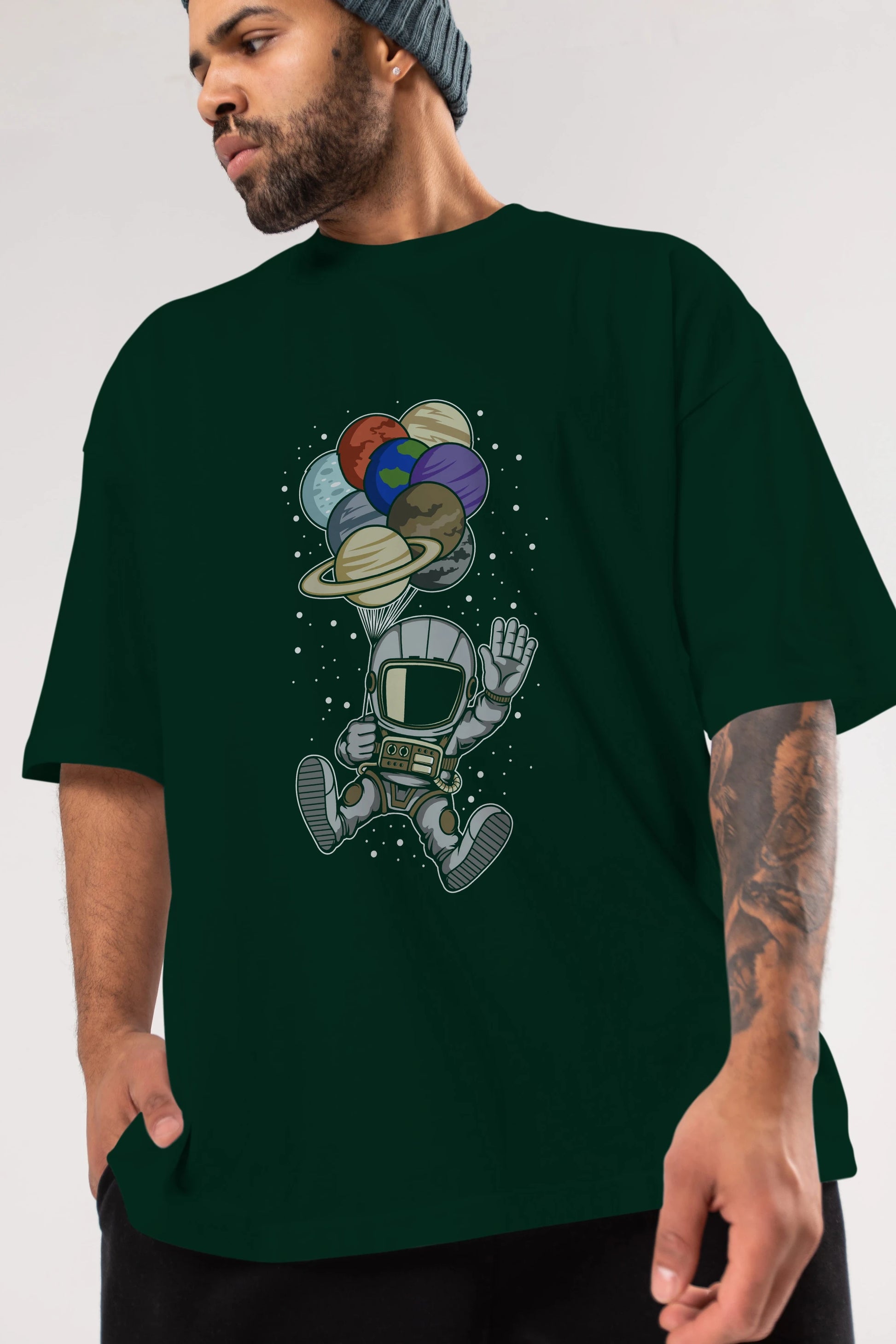 Astronaut Baloon Planets Ön Baskılı Oversize t-shirt Erkek Kadın Unisex
