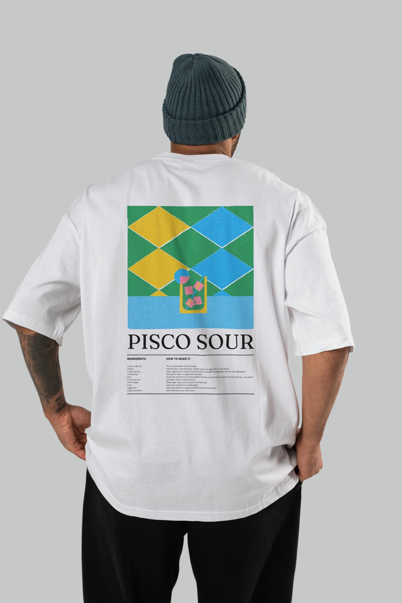 Pisco Sour Kokteyl Serisi Arka Baskılı Oversize t-shirt Erkek Kadın %100 Pamuk Bisiklet Yaka tişort