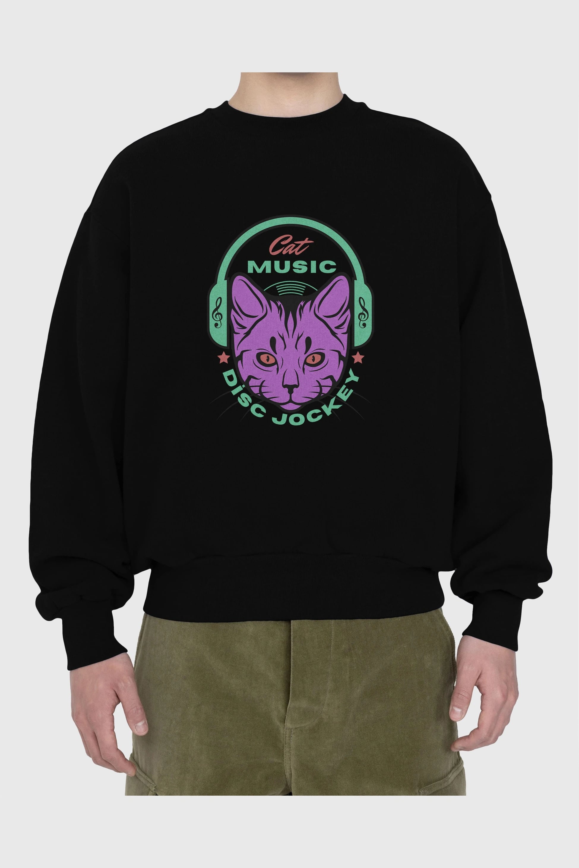 Cat Music Ön Baskılı Oversize Sweatshirt Erkek Kadın Unisex