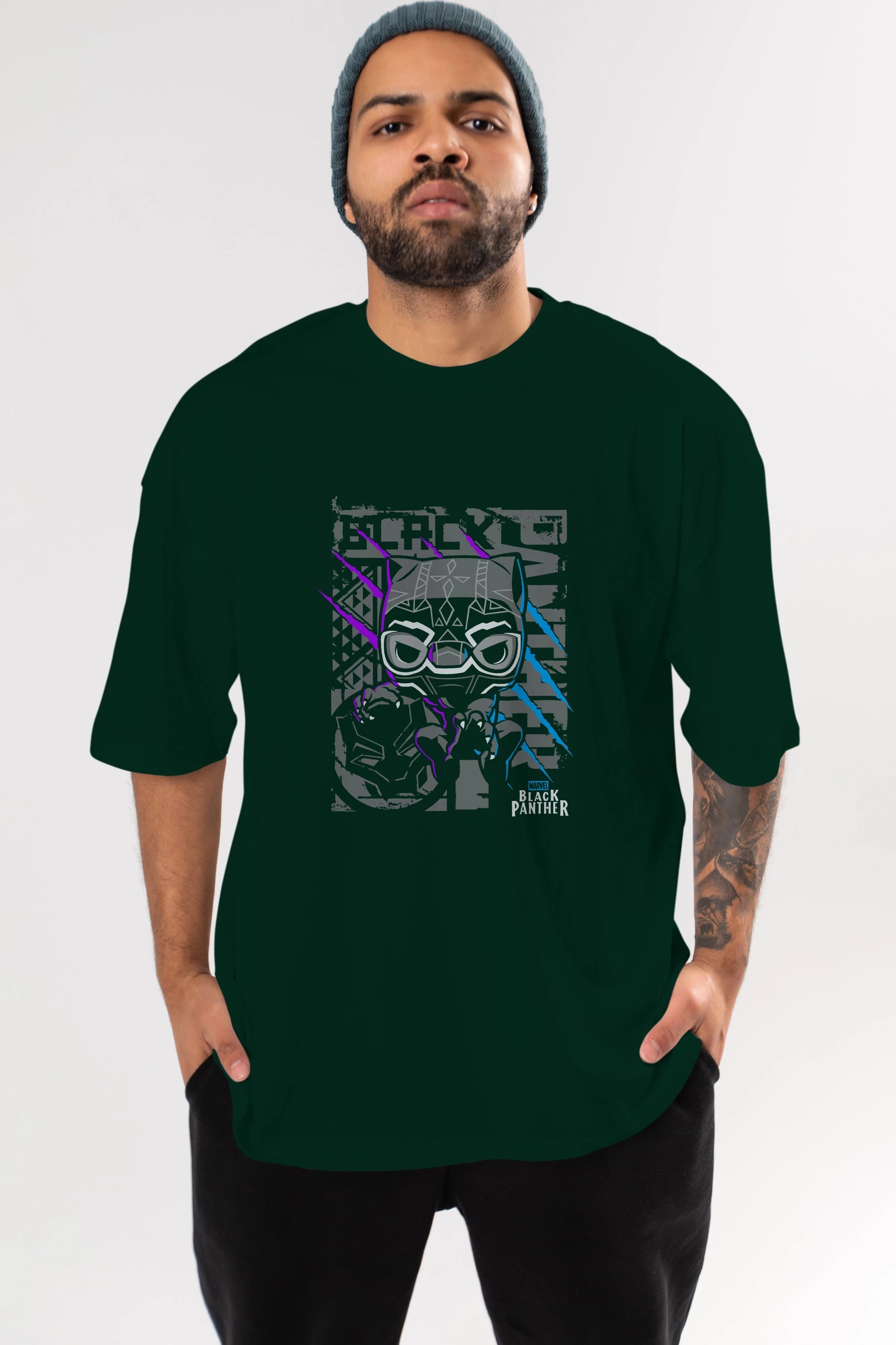 Black Panther Ön Baskılı Oversize t-shirt Erkek Kadın Unisex %100 Pamuk Bisiklet Yaka tişort
