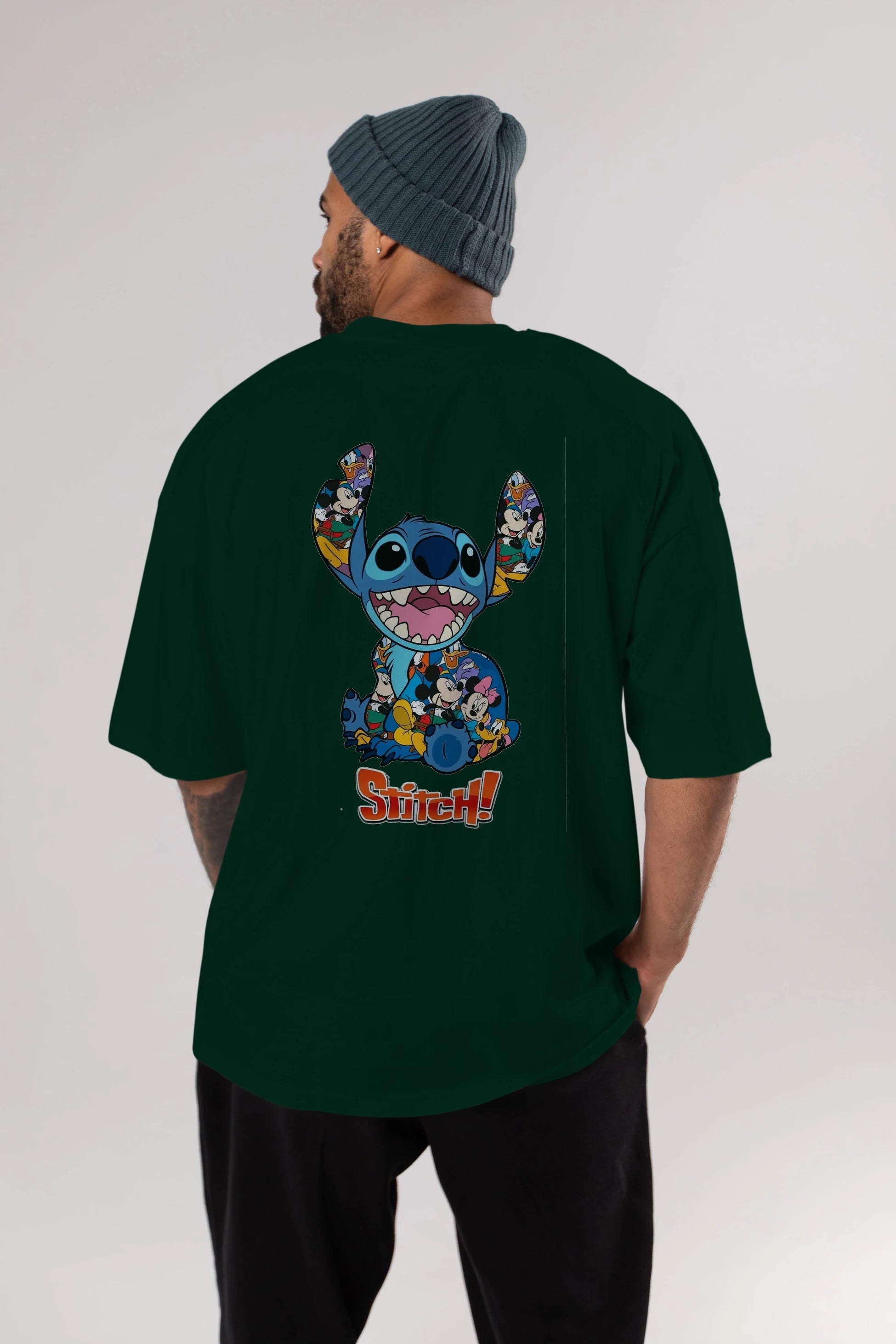 Stitch Arka Baskılı Oversize t-shirt Erkek Kadın Unisex %100 Pamuk Bisiklet Yaka tişort