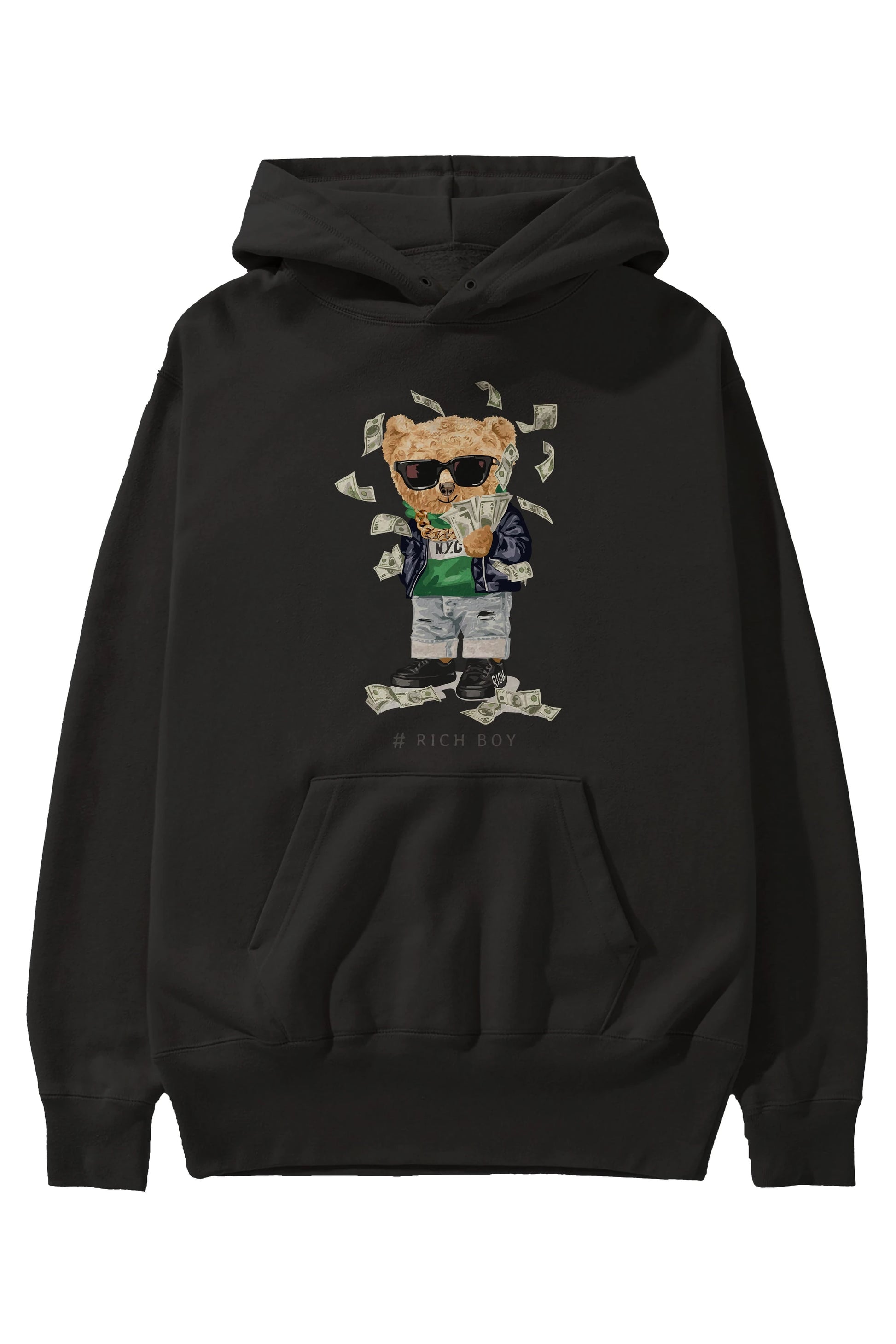 Teddy Bear Rich Boy Ön Baskılı Hoodie Oversize Kapüşonlu Sweatshirt Erkek Kadın Unisex