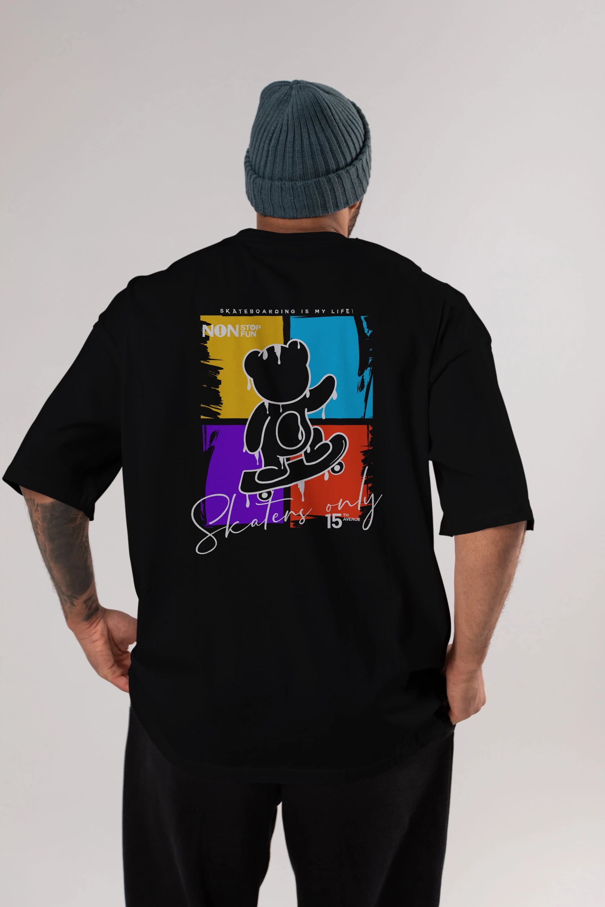 Skaters Only Bear Arka Baskılı Oversize t-shirt Erkek Kadın Unisex