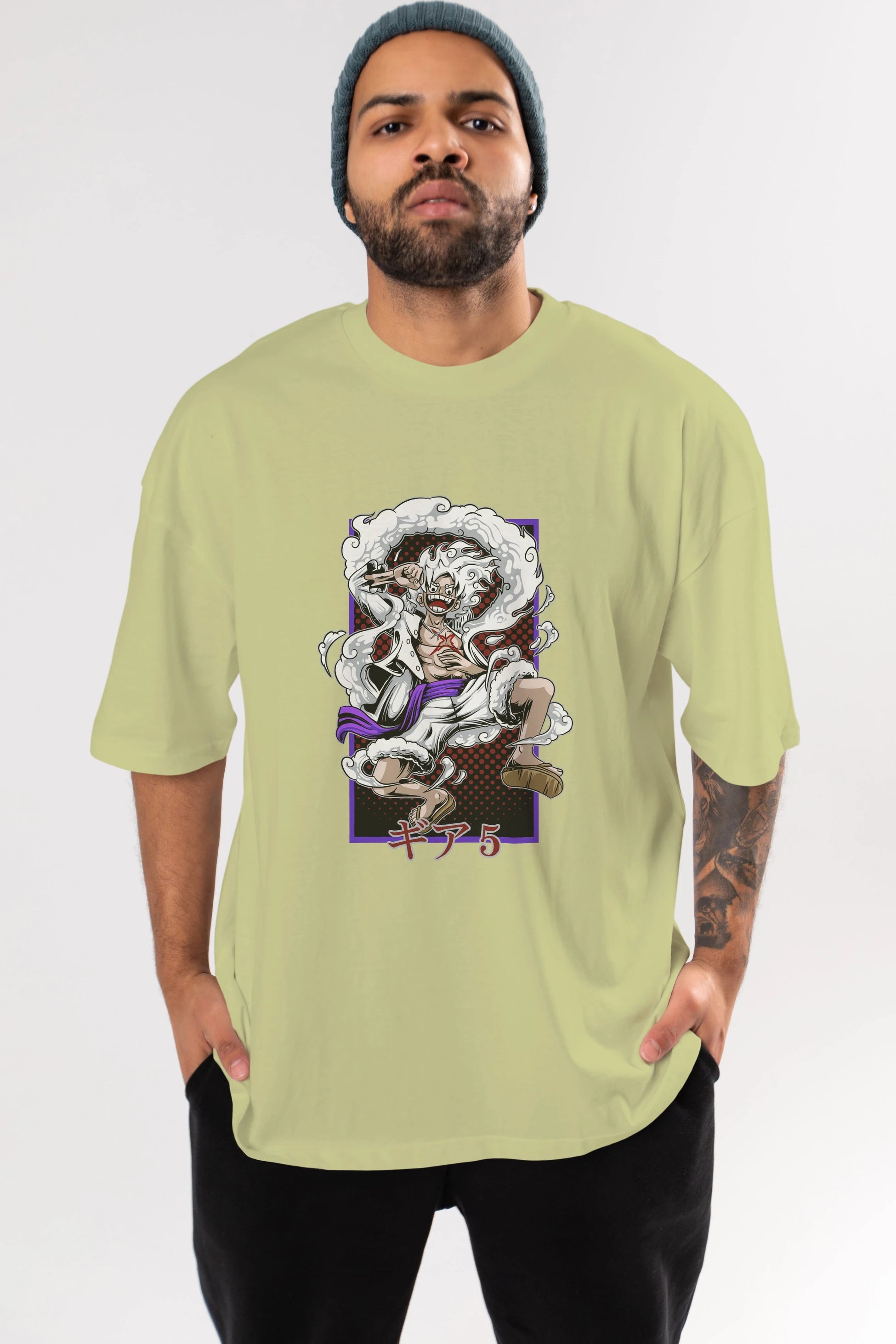 MONKEY D. LUFFY GEAR5 Anime Ön Baskılı Oversize t-shirt %100 pamuk Erkek Kadın Unisex