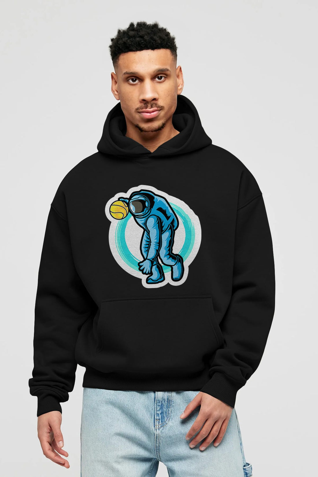 Astronaut Dribble Sticker Ön Baskılı Hoodie Oversize Kapüşonlu Sweatshirt Erkek Kadın Unisex