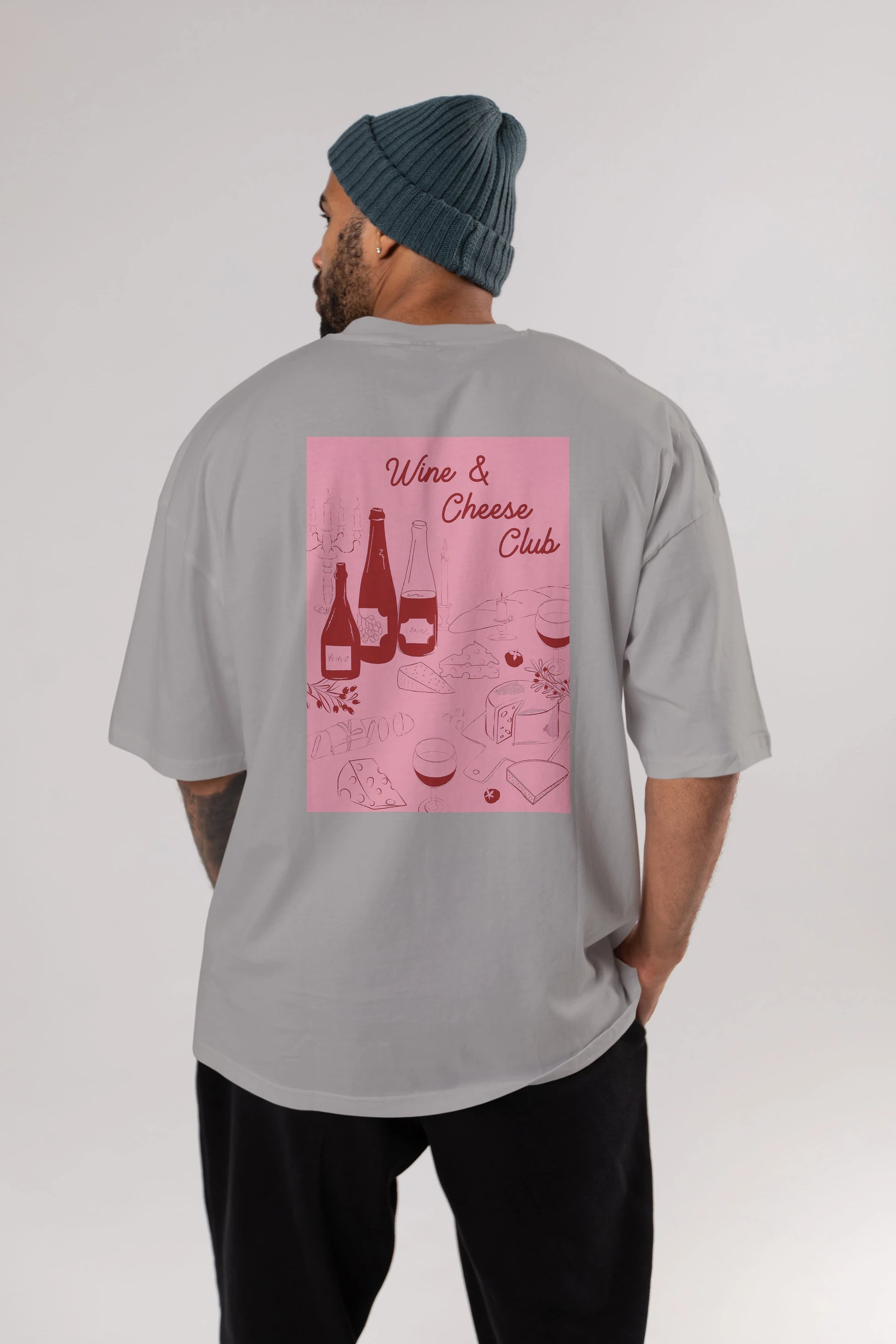 Wine Cheese Club Arka Baskılı Oversize t-shirt Erkek Kadın Unisex %100 Pamuk Bisiklet Yaka tişort