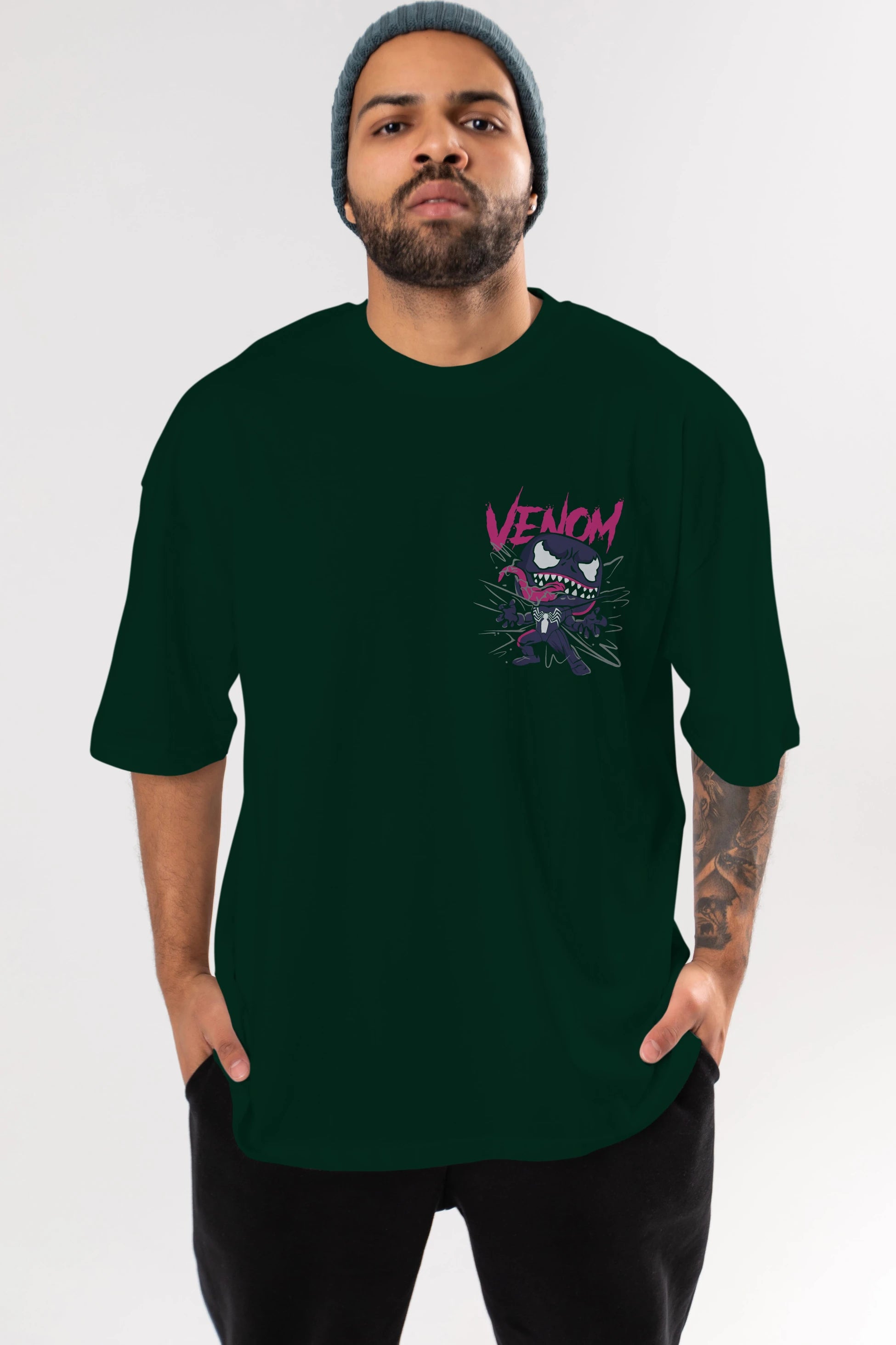 Venom (20) Ön Sol Baskılı Oversize t-shirt Erkek Kadın Unisex %100 Pamuk Bisiklet Yaka tişort