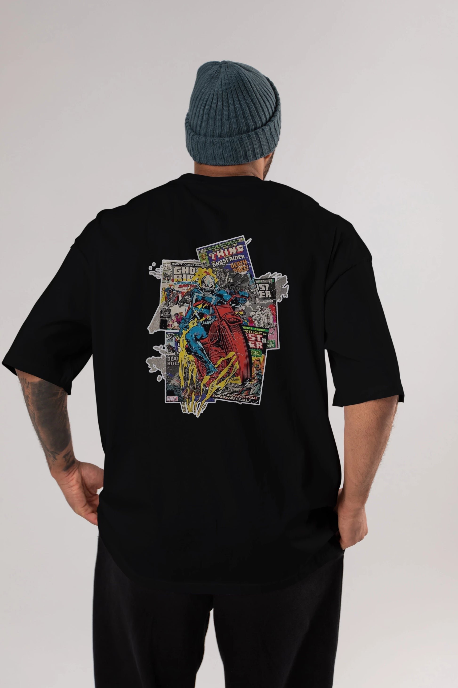 Ghost Rider Arka Baskılı Oversize t-shirt Erkek Kadın Unisex %100 Pamuk Bisiklet Yaka tişort