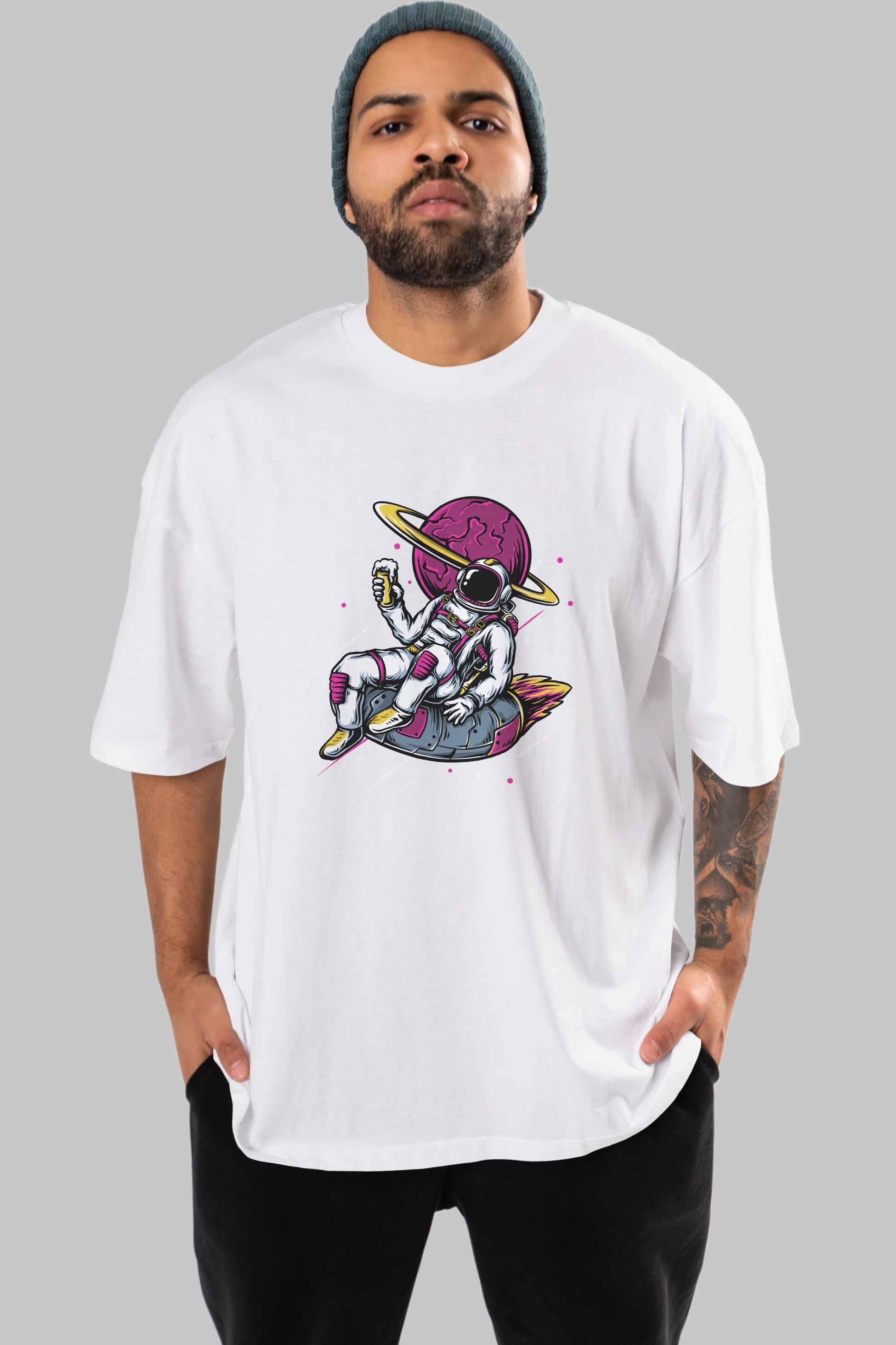 Astronaut Beer Ön Baskılı Oversize t-shirt Erkek Kadın Unisex