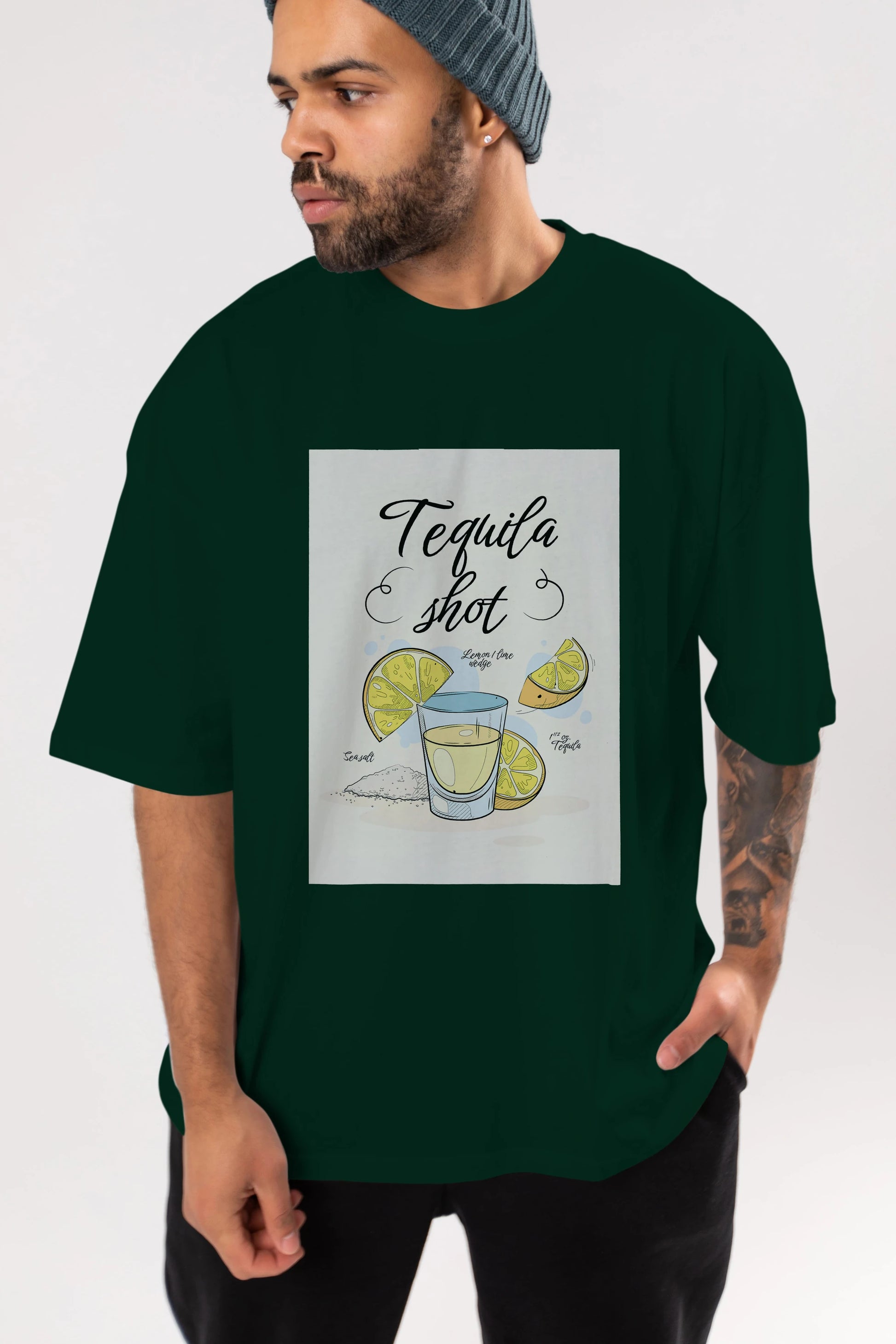 Tequila Shot Ön Baskılı Oversize t-shirt Erkek Kadın Unisex %100 Pamuk Bisiklet Yaka tişort