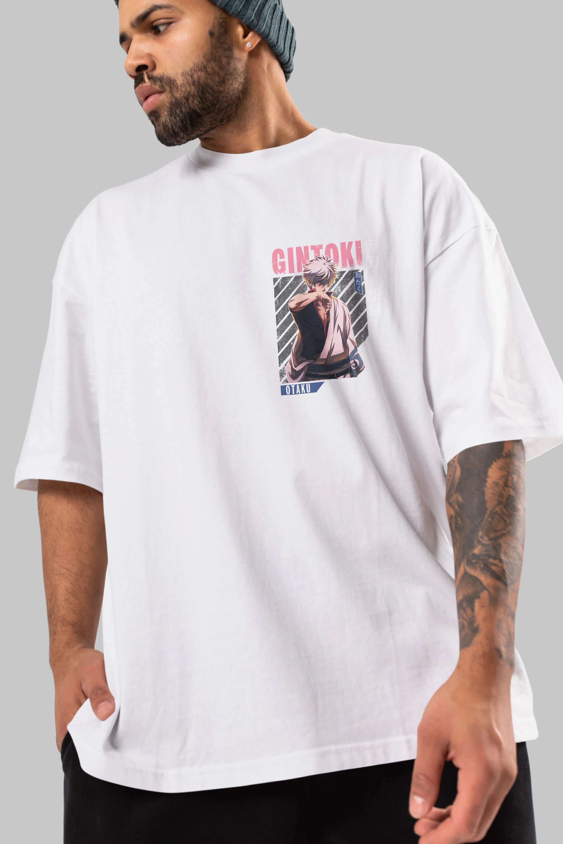 Gintoki Sakata Ön Sol Baskılı Oversize t-shirt Erkek Kadın Unisex %100 Pamuk Bisiklet Yaka tişort