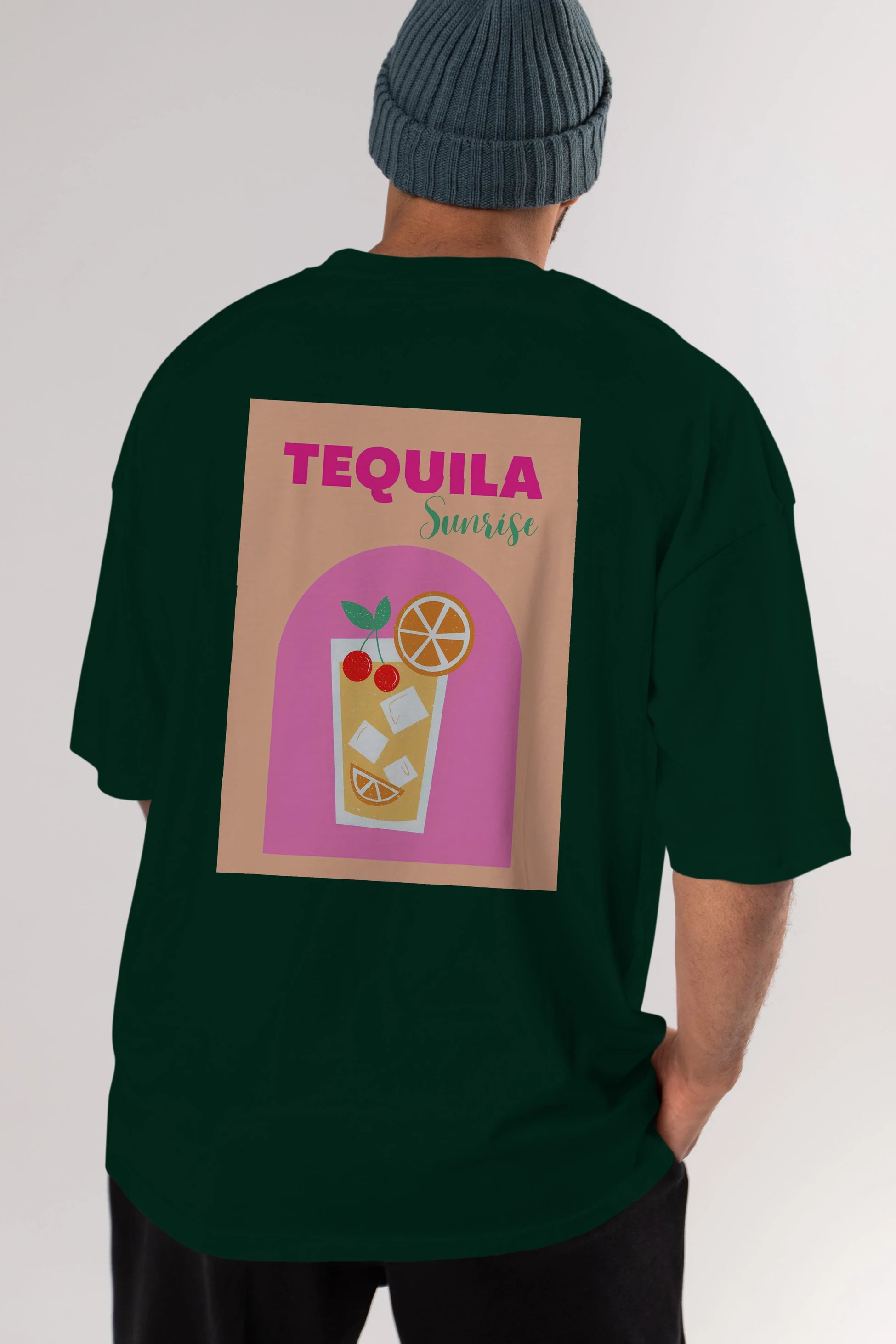Tequila Sunrise 2 Arka Baskılı Oversize t-shirt Erkek Kadın Unisex %100 Pamuk Bisiklet Yaka tişort