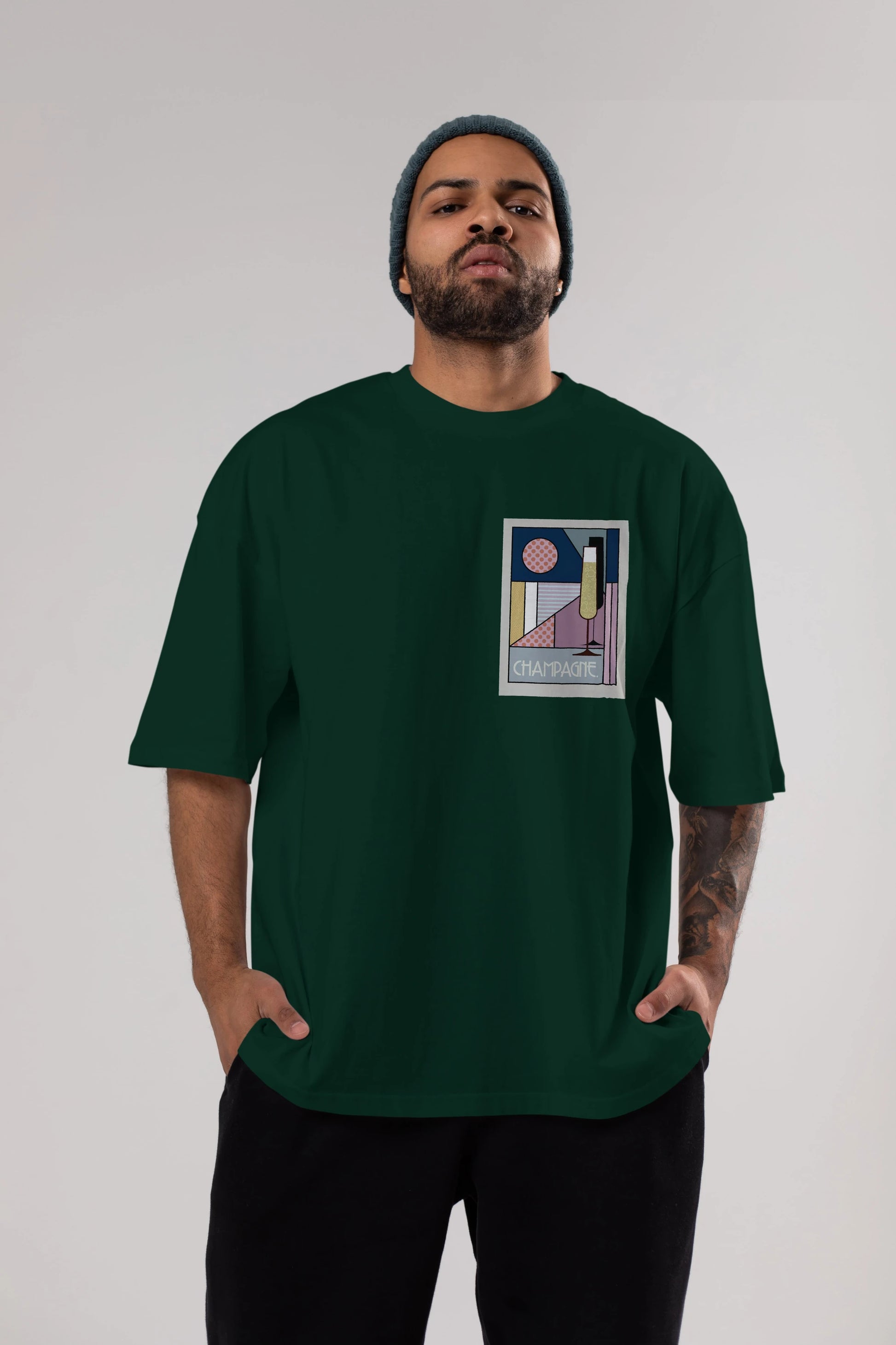 Champagne Ön Sol Baskılı Oversize t-shirt Erkek Kadın Unisex %100 Pamuk Bisiklet Yaka tişort