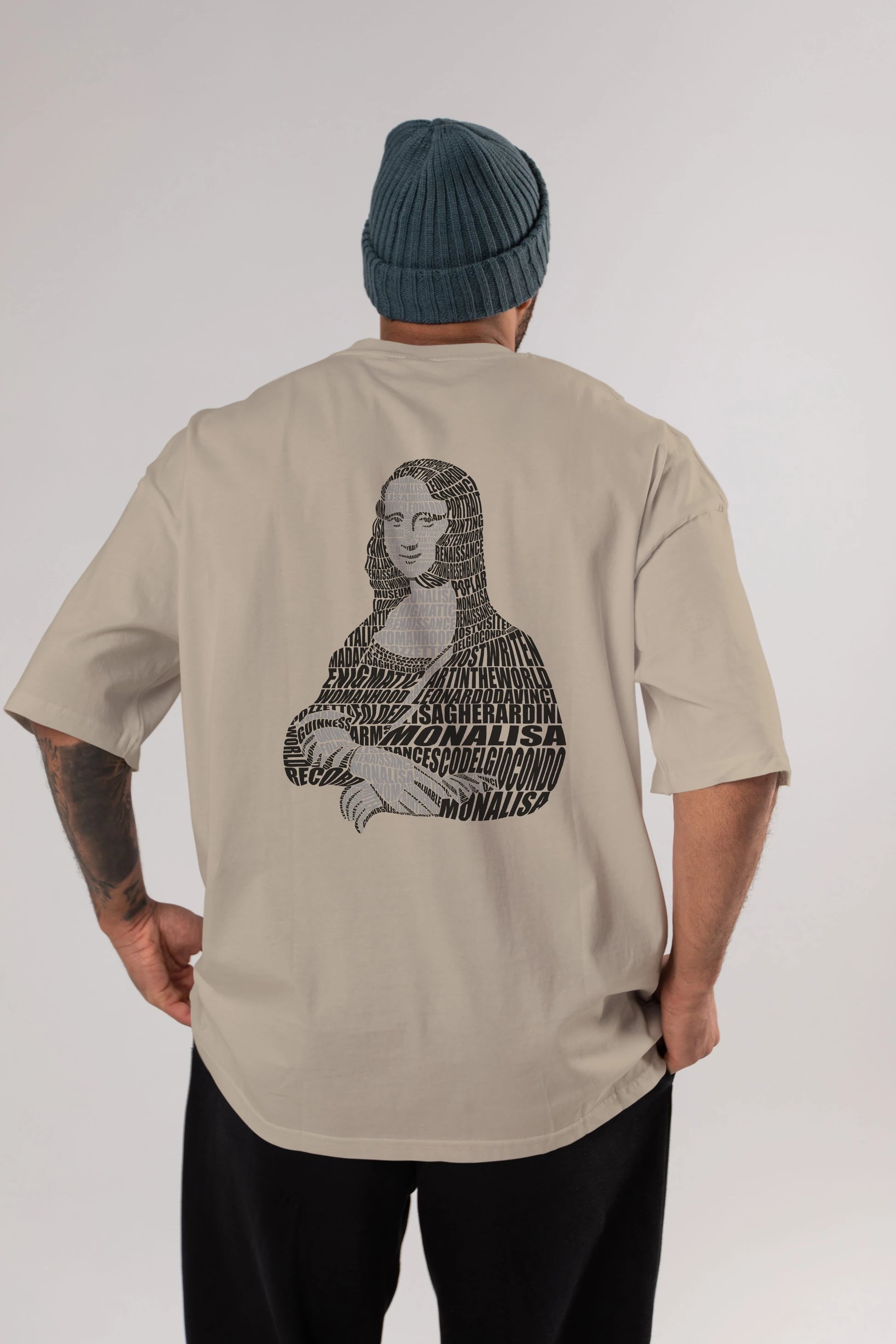 Mona Lisa Calligram Arka Baskılı Oversize t-shirt %100 pamuk Erkek Kadın Unisex