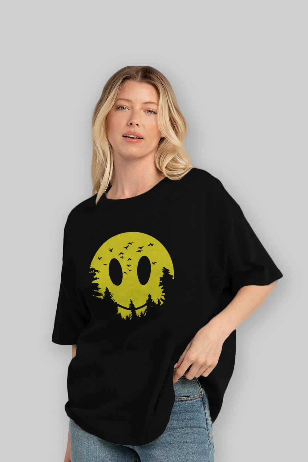 Smiley Moon Ön Baskılı Oversize t-shirt %100 pamuk Erkek Kadın Unisex