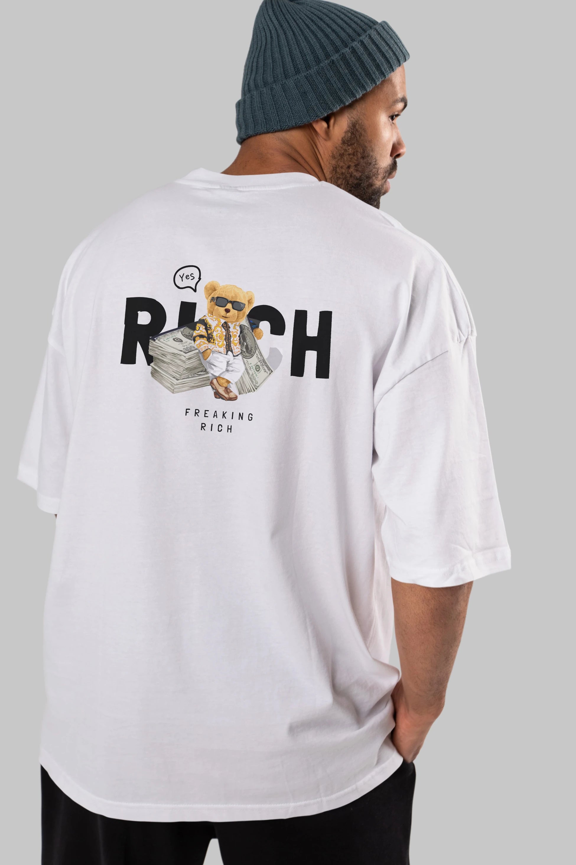 Teddy Bear Freakıng Rich Arka Baskılı Oversize t-shirt Erkek Kadın Unisex %100 Pamuk