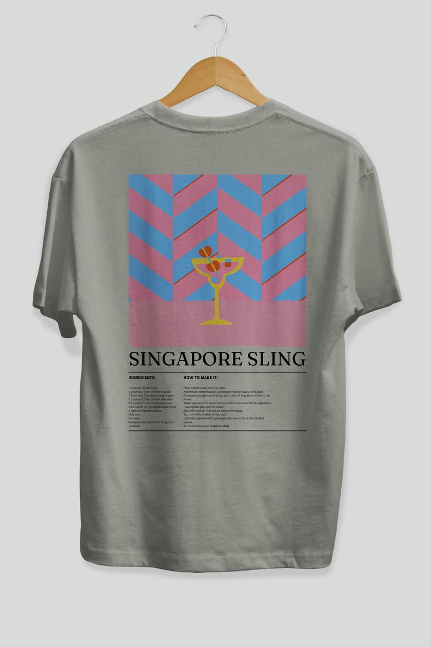 Singapore Sling Kokteyl Serisi Arka Baskılı Oversize t-shirt Erkek Kadın %100 Pamuk Bisiklet Yaka tişort