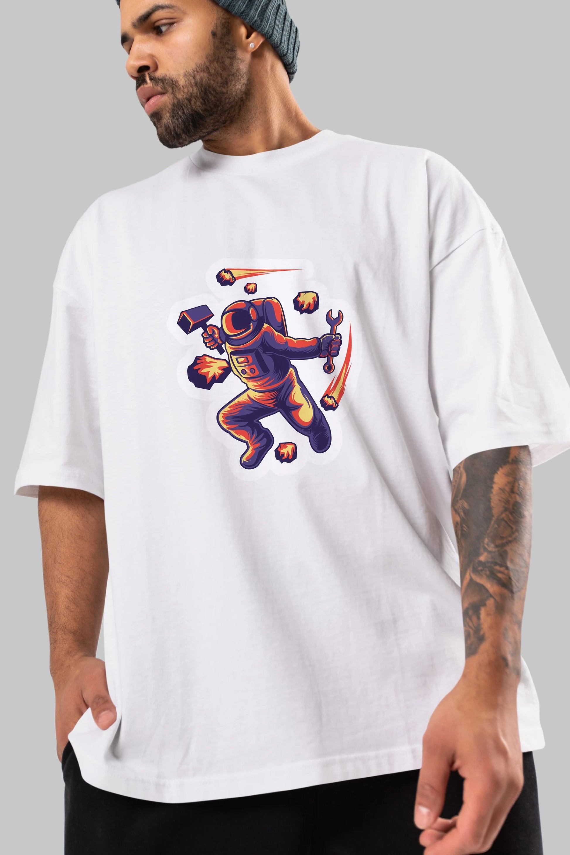 Astronaut Block Meteor Sticker Ön Baskılı Oversize t-shirt Erkek Kadın Unisex