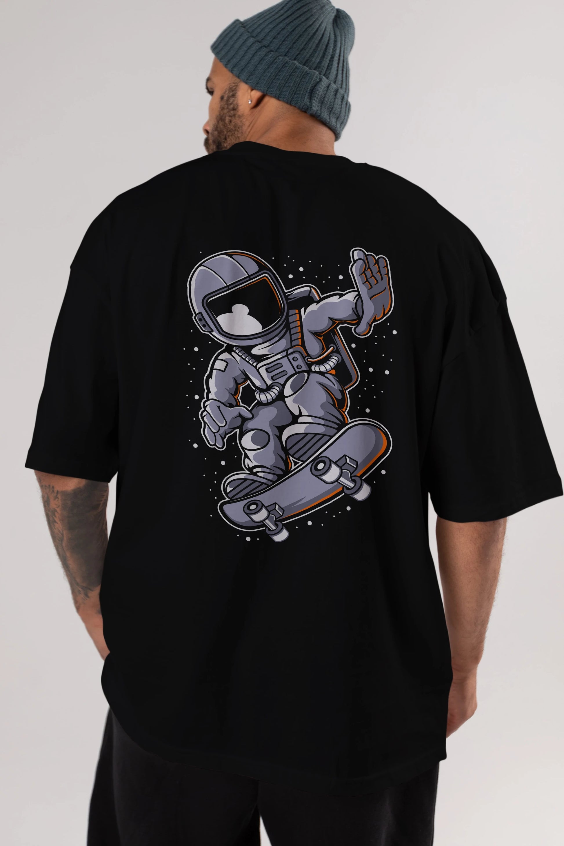 Astronaut Skateboard Arka Baskılı Oversize t-shirt Erkek Kadın Unisex