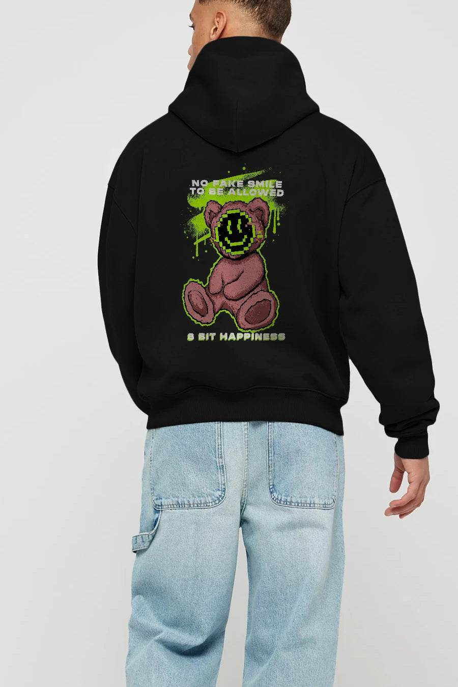 No Fake Smile Bear Arka Baskılı Hoodie Oversize Kapüşonlu Sweatshirt Erkek Kadın Unisex