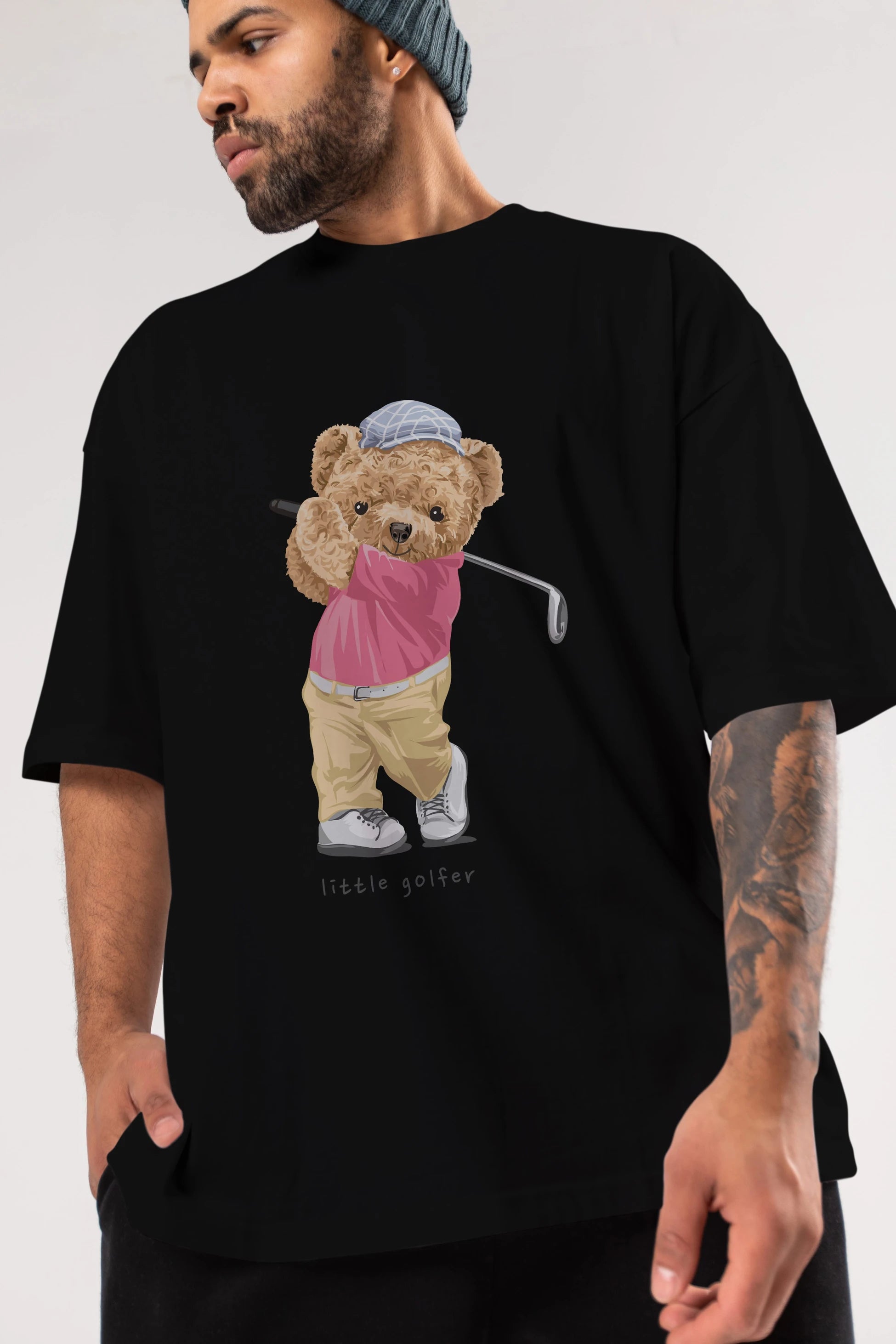 Teddy Bear Little Golfer Ön Baskılı Oversize t-shirt Erkek Kadın Unisex %100 Pamuk