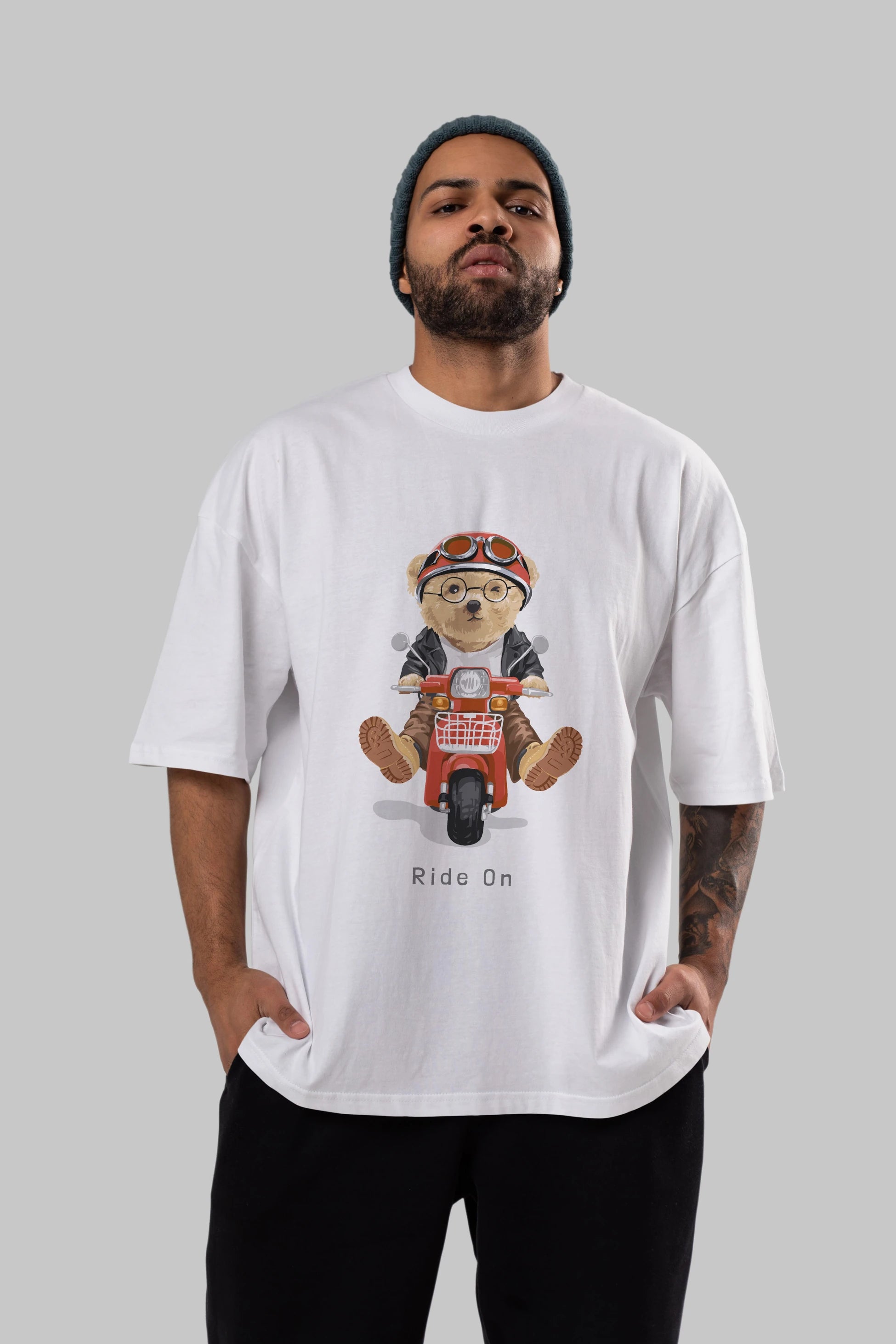 Teddy Bear Ride On Ön Baskılı Oversize t-shirt Erkek Kadın Unisex %100 Pamuk