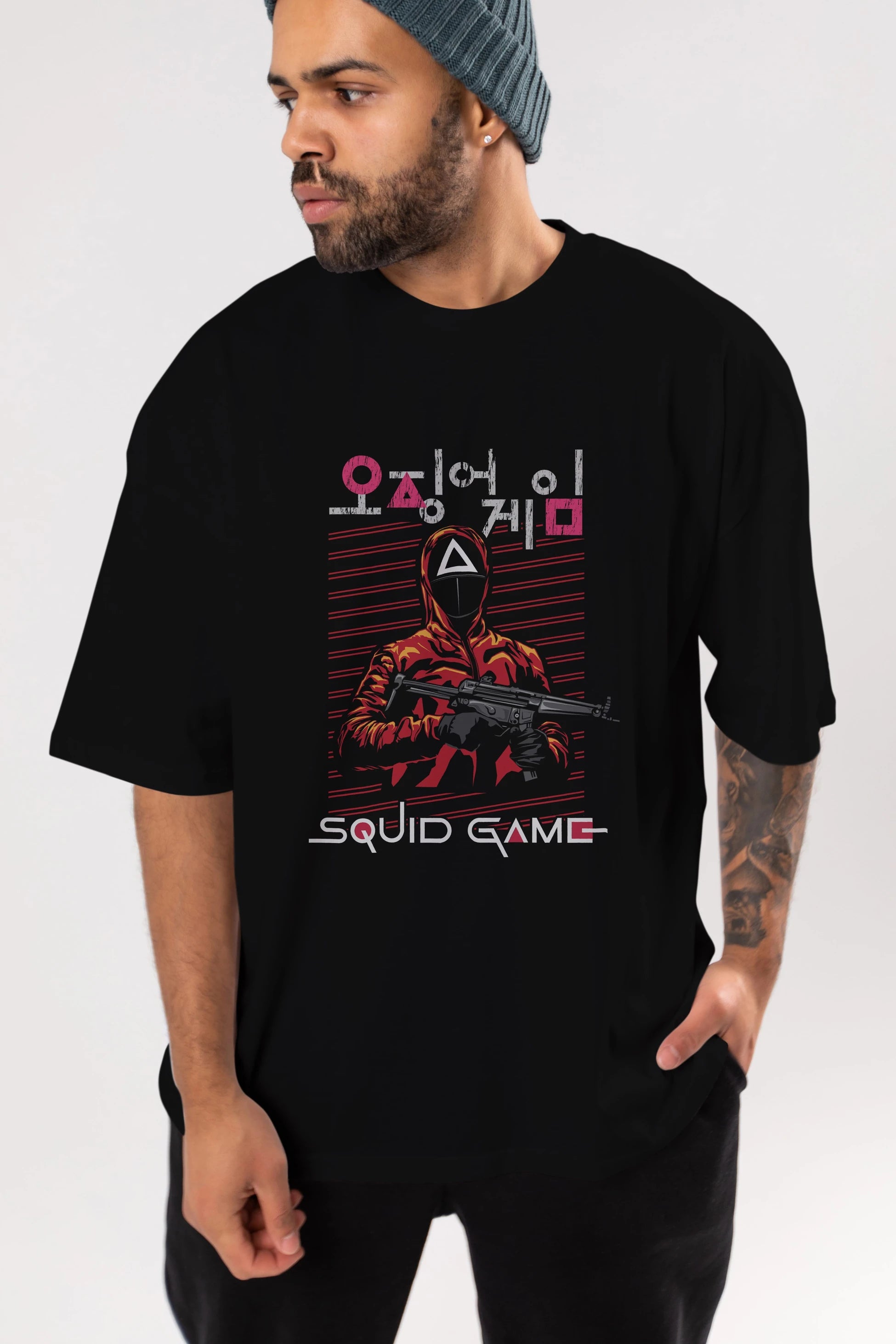 Squid Game (2) Ön Baskılı Oversize t-shirt Erkek Kadın Unisex %100 Pamuk Bisiklet Yaka tişort