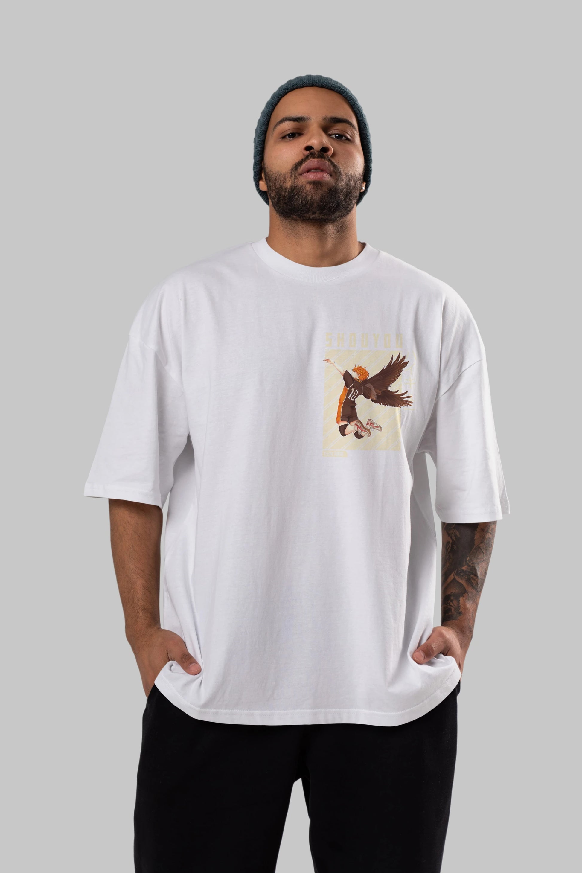 Shouyou Hinata 3 Ön Sol Baskılı Oversize t-shirt Erkek Kadın Unisex %100 Pamuk Bisiklet Yaka tişort