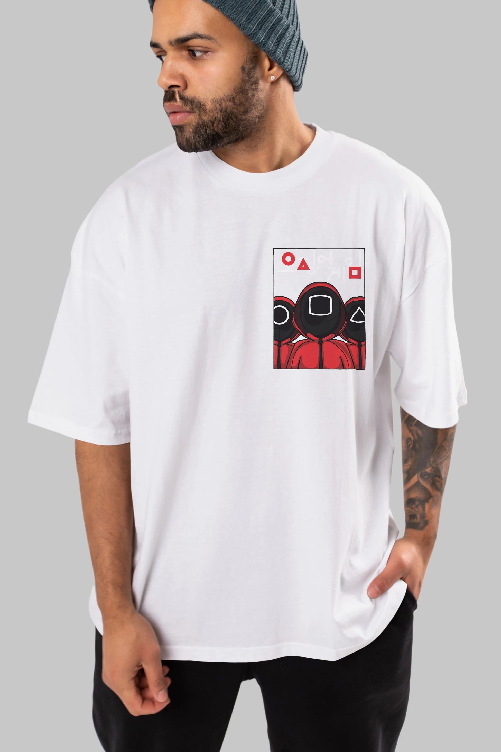 Squid Game (7) Ön Sol Baskılı Oversize t-shirt Erkek Kadın Unisex %100 Pamuk Bisiklet Yaka tişort