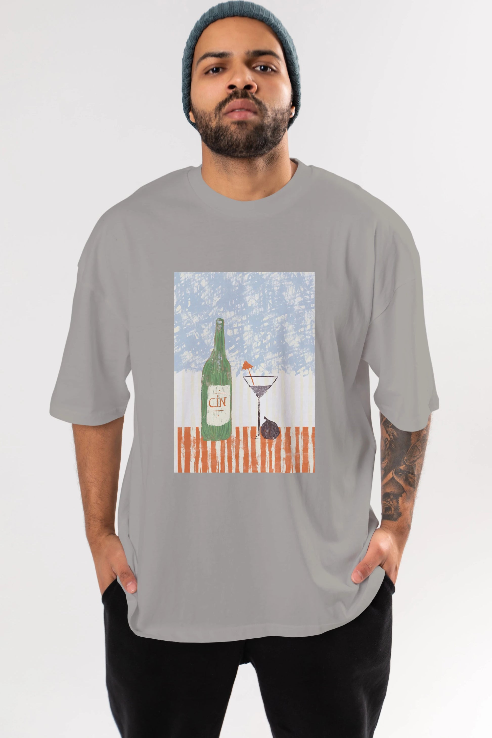 Gin Ön Baskılı Oversize t-shirt Erkek Kadın Unisex %100 Pamuk Bisiklet Yaka tişort