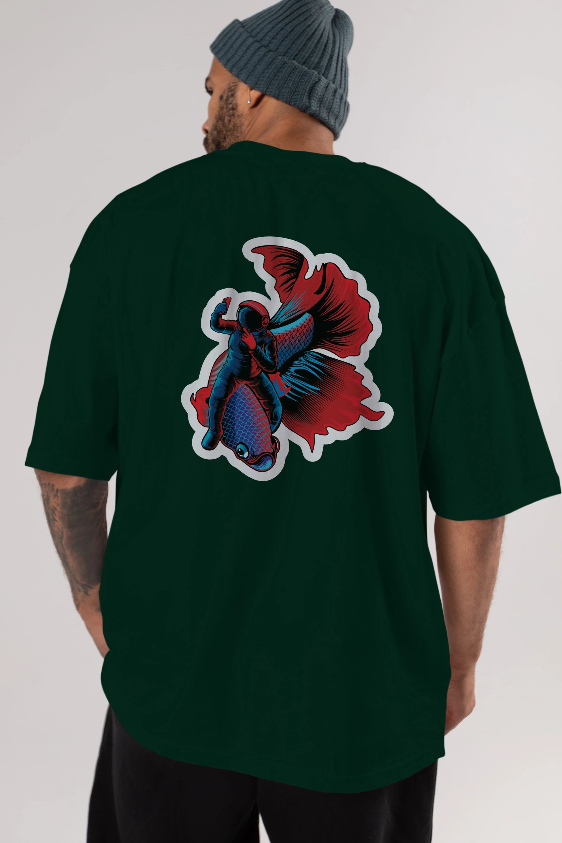 Astrofish selfie sticker Arka Baskılı Oversize t-shirt Erkek Kadın Unisex