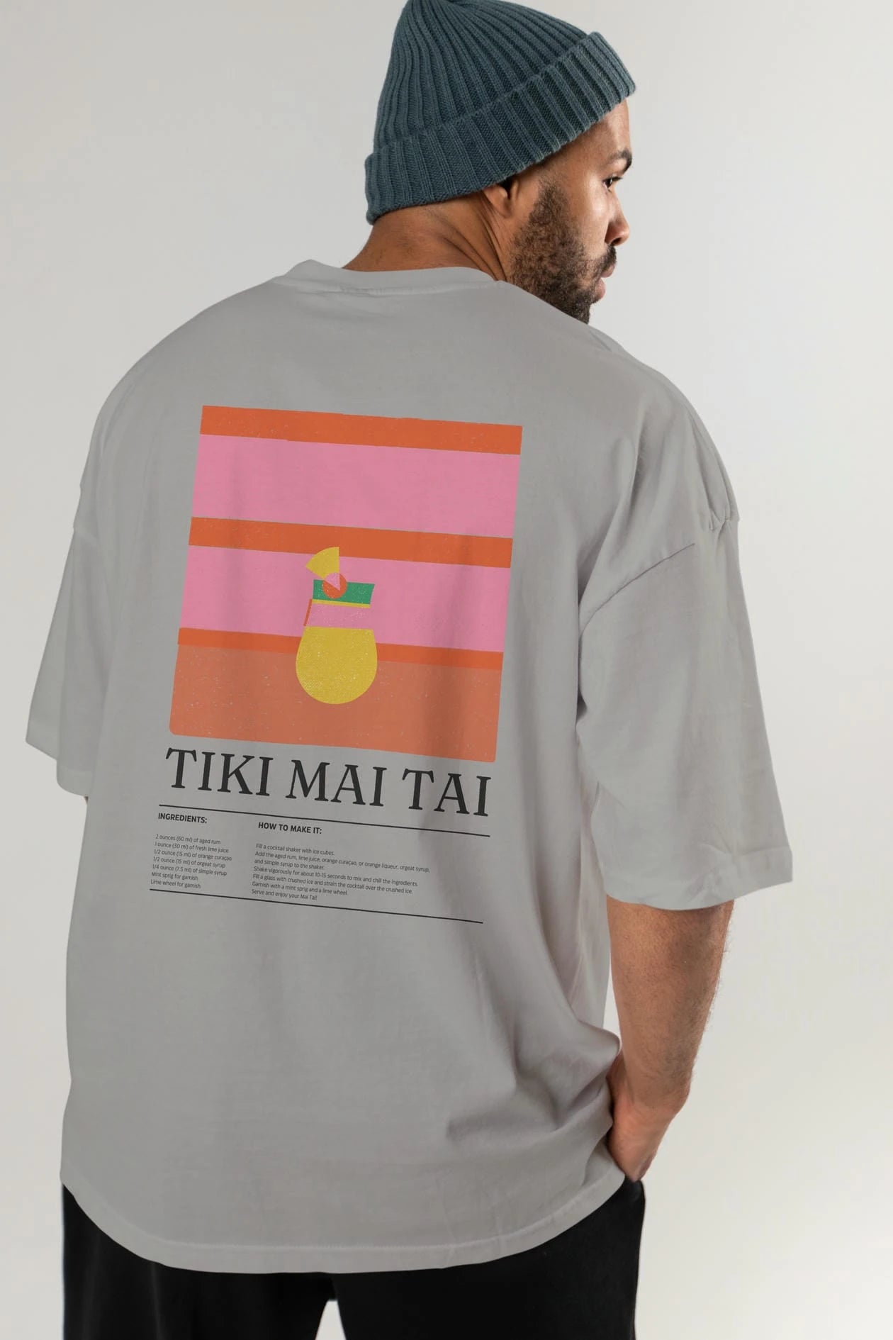 Tiki Mai Tai Kokteyl Serisi Arka Baskılı Oversize t-shirt Erkek Kadın %100 Pamuk Bisiklet Yaka tişort