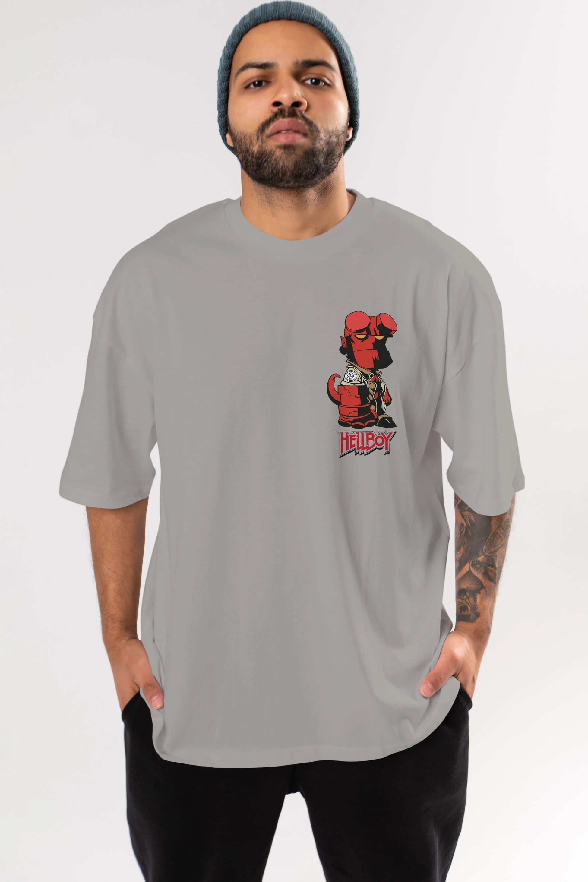 Hellboy (1) Ön Sol Baskılı Oversize t-shirt Erkek Kadın Unisex %100 Pamuk Bisiklet Yaka tişort