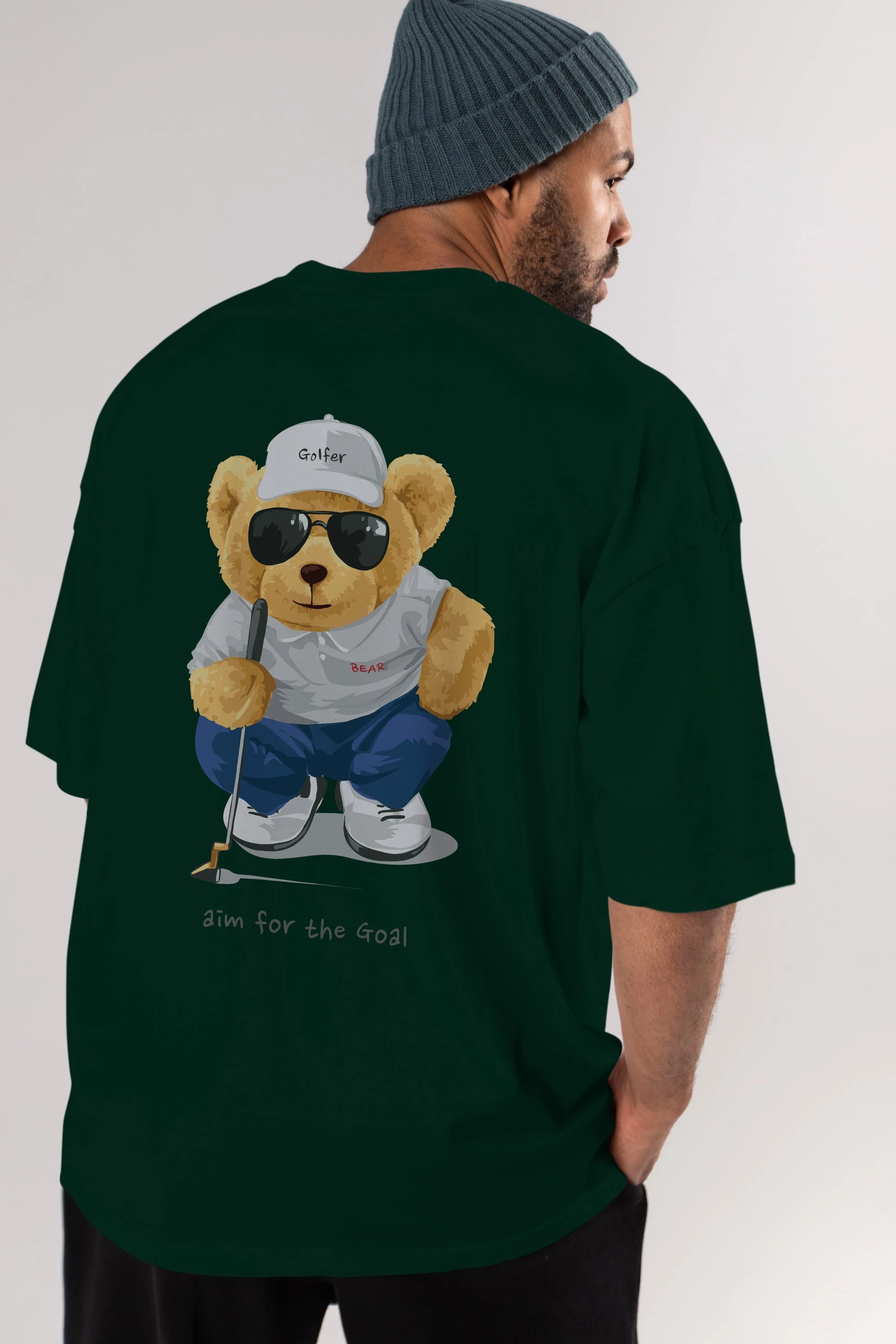 Teddy Bear Golfer Arka Baskılı Oversize t-shirt Erkek Kadın Unisex %100 Pamuk