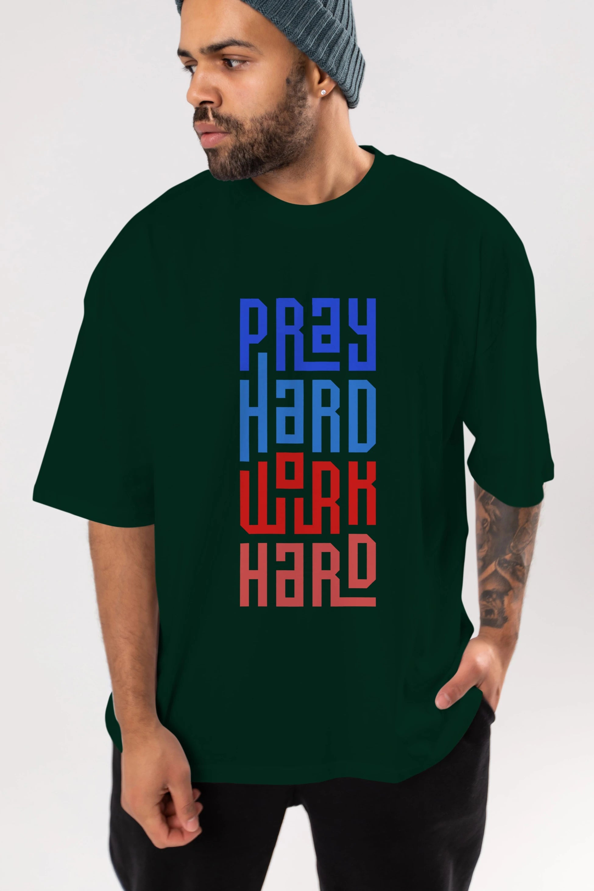 Pray Hard Work Hard Yazılı Ön Baskılı Oversize t-shirt Erkek Kadın Unisex