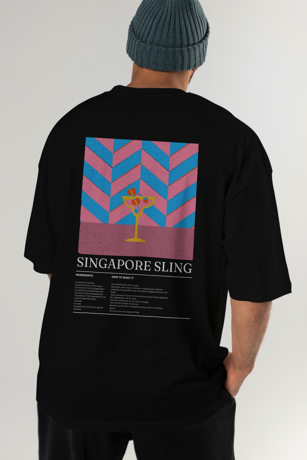 Singapore Sling Kokteyl Serisi Arka Baskılı Oversize t-shirt Erkek Kadın %100 Pamuk Bisiklet Yaka tişort